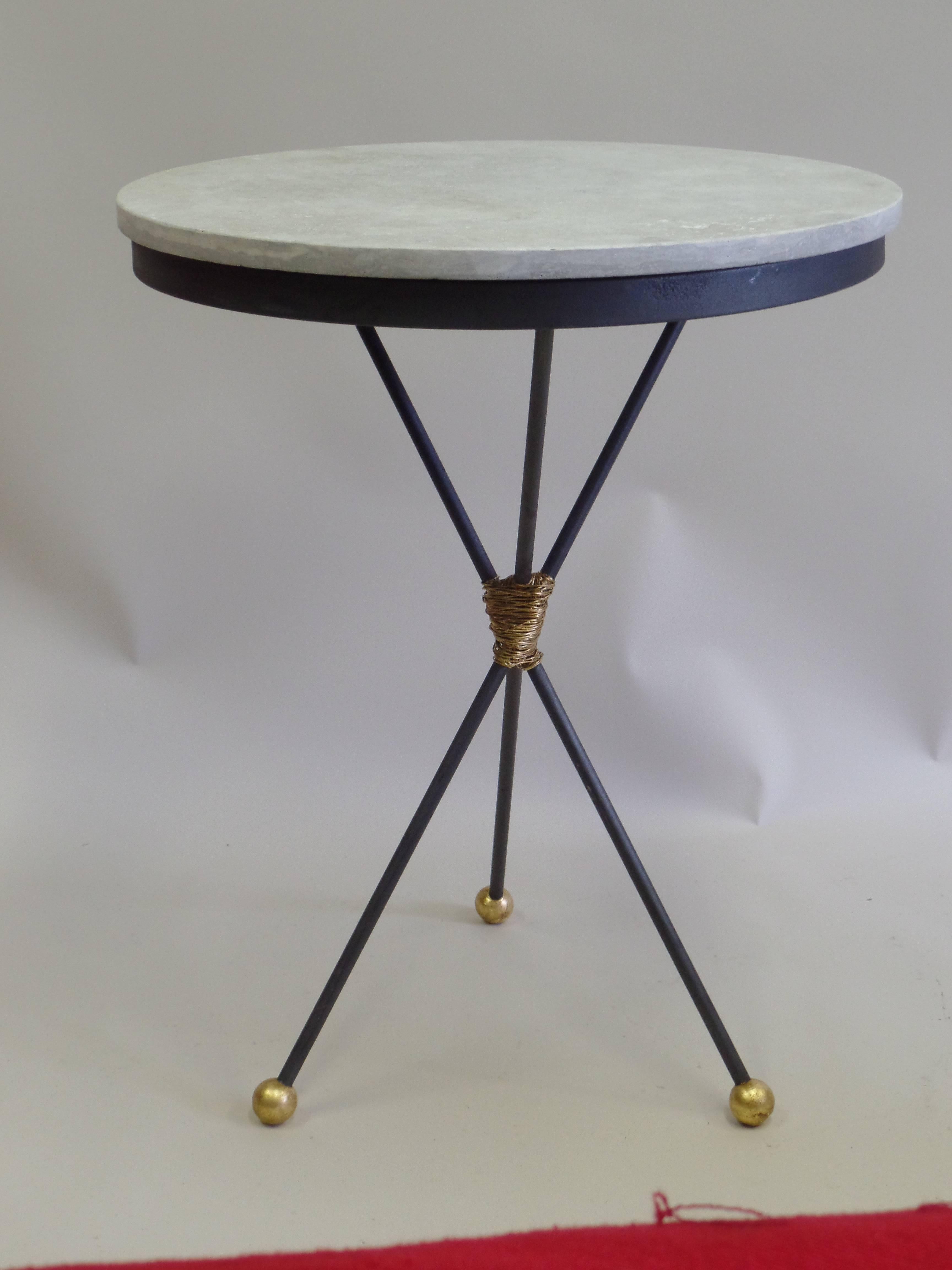 Mid-Century Modern Custom Pair of French Modern Neoclassical Gilt Iron Side Tables, Poillerat For Sale