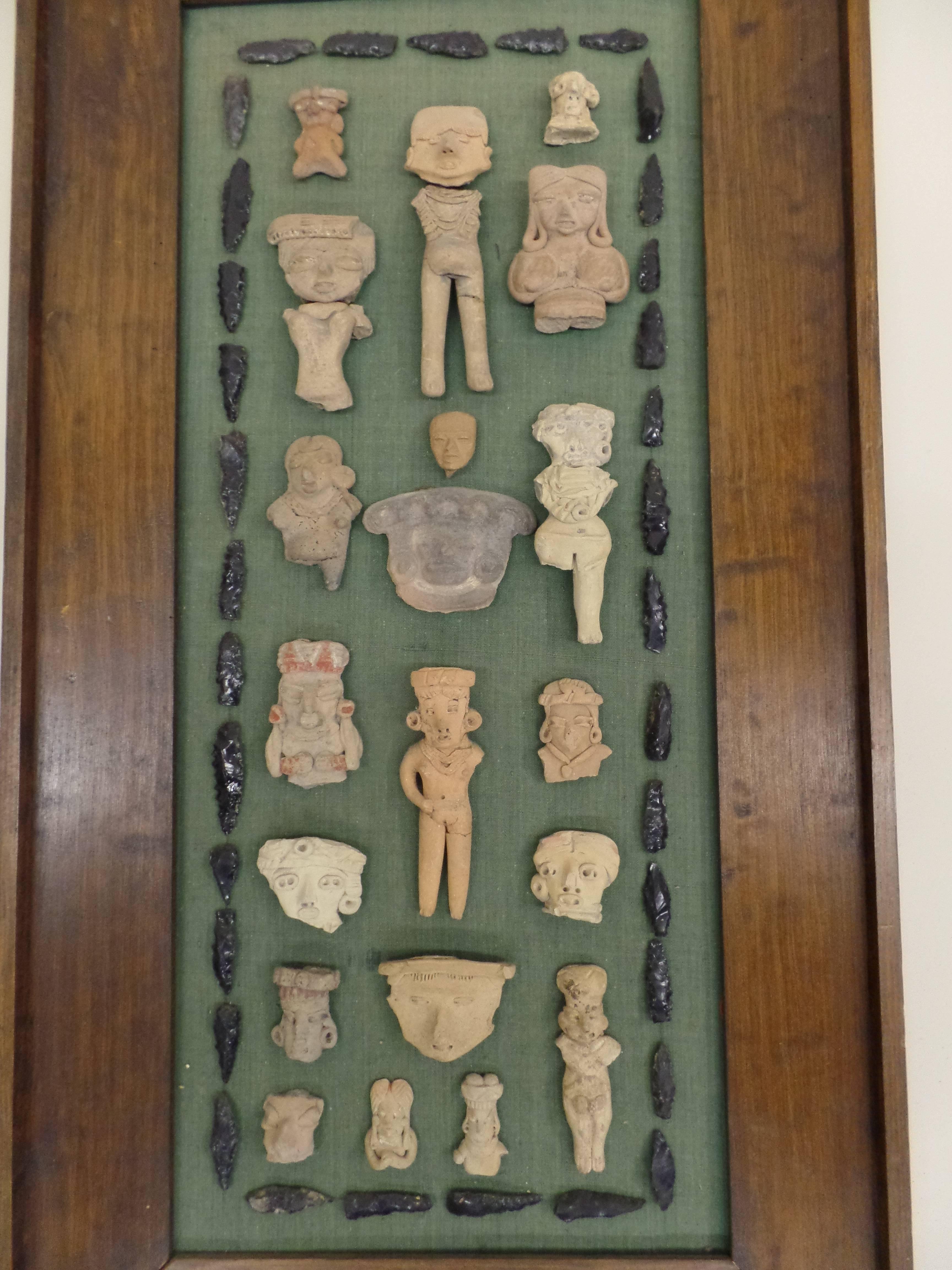 Incredible collection of pre-columbian clay sculptures / figures / statues / pottery, mounted and framed. The pieces date from the pre-classic (Formative) period of Meso-American cultures that inhabited present day Mexico and Guatemala. 

During