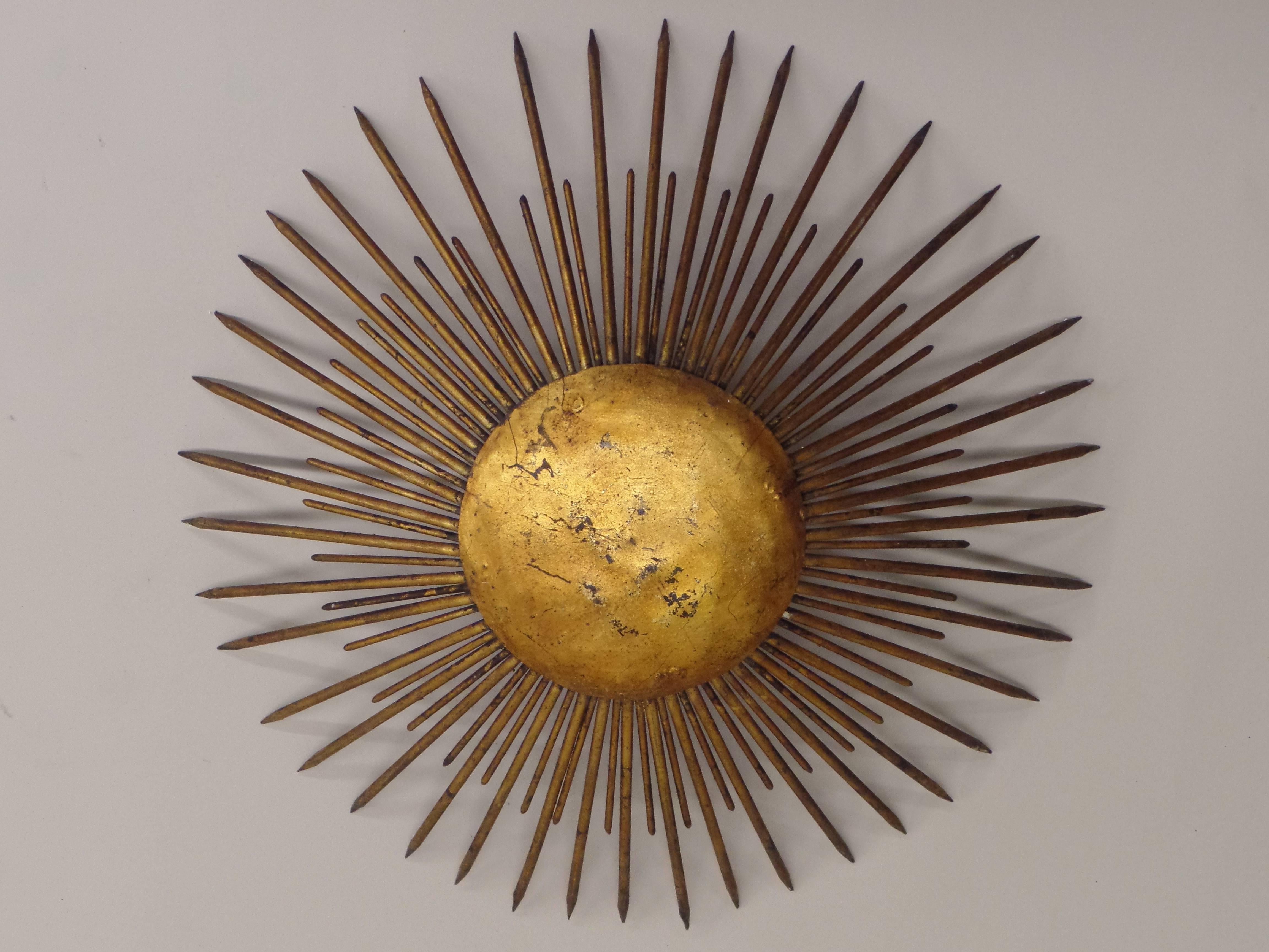 Hand-Crafted French 1940s Gilt Iron Modern Neoclassical 'Sunburst' Flush Mount or Pendant For Sale