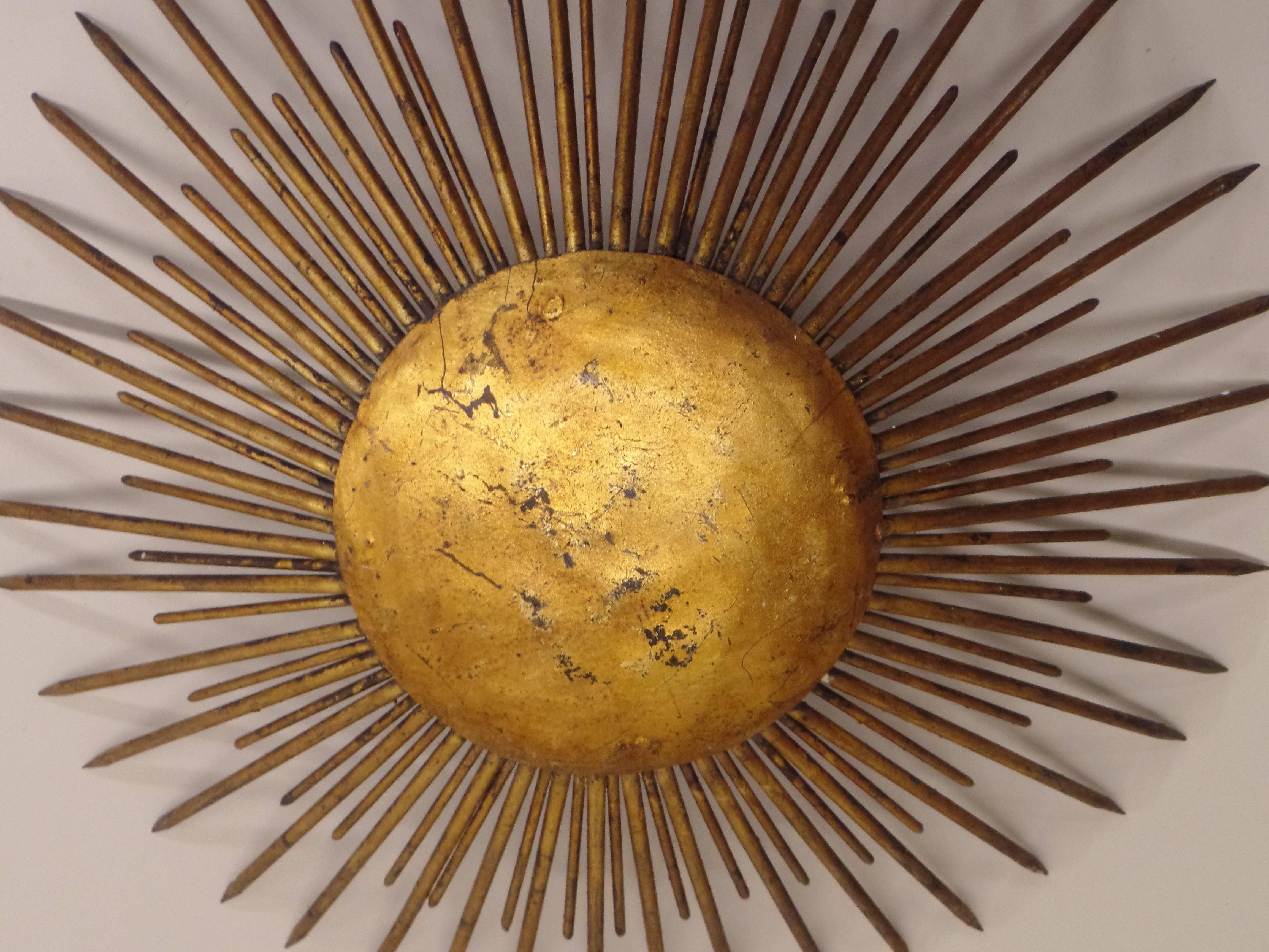 20th Century French 1940s Gilt Iron Modern Neoclassical 'Sunburst' Flush Mount or Pendant For Sale