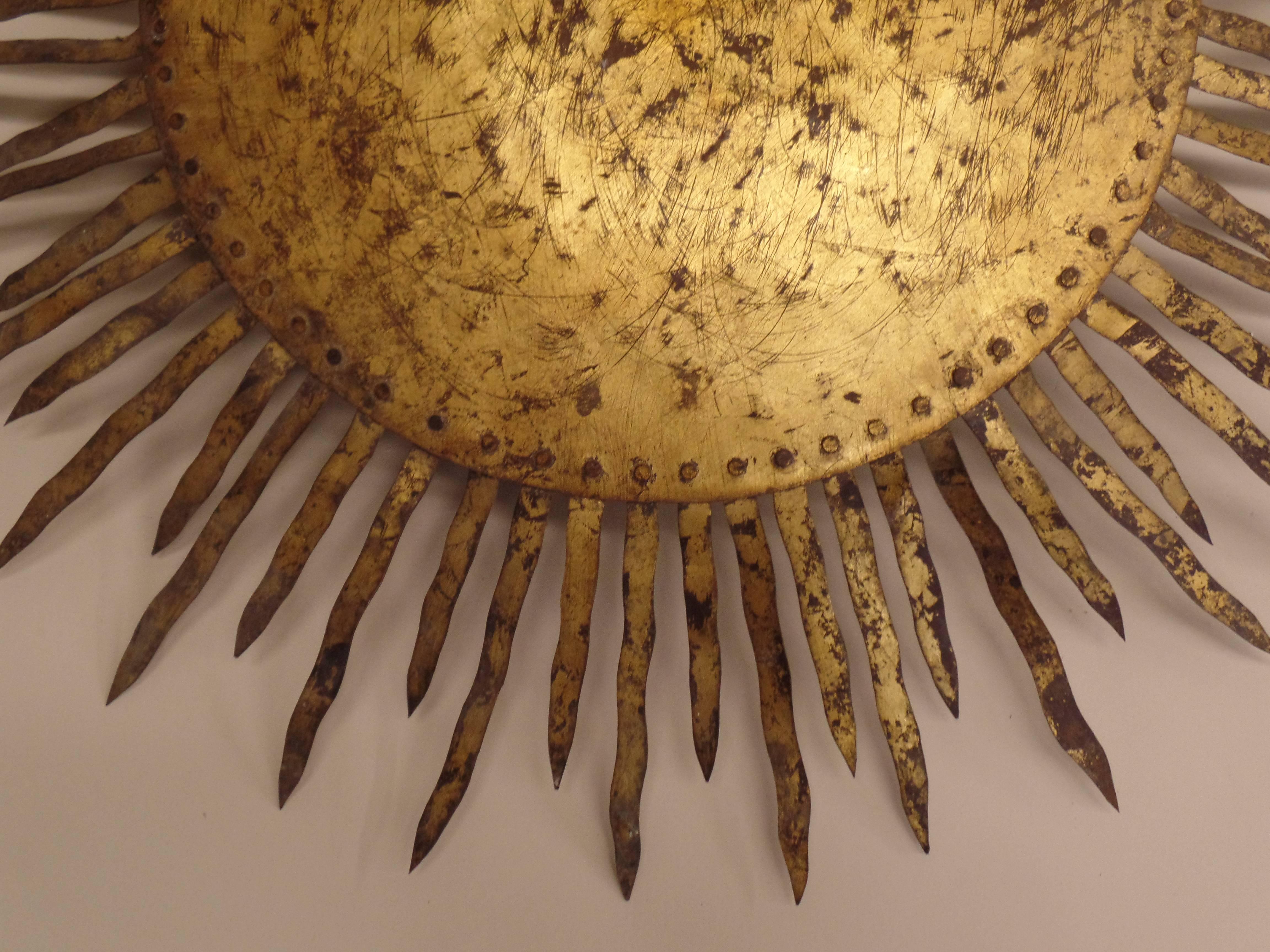 Large French Modern Neoclassical Gilt Iron Sunburst Flush Mount/ Pendant, 1940 In Good Condition For Sale In New York, NY