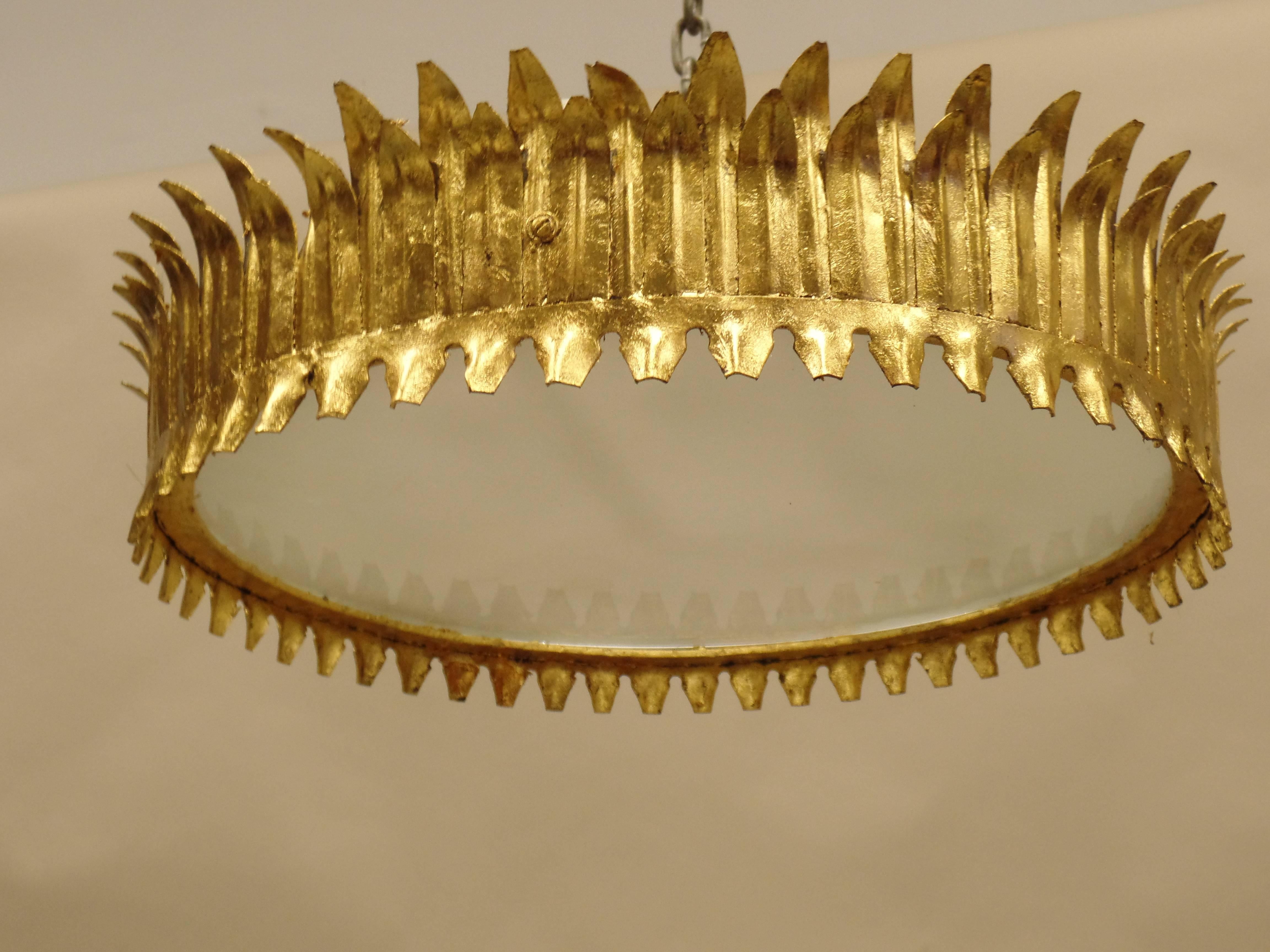 Mid-Century Modern French Modern Neoclassical Gilt Iron 'Crown' or Sunburst Flush Mount or Pendant For Sale