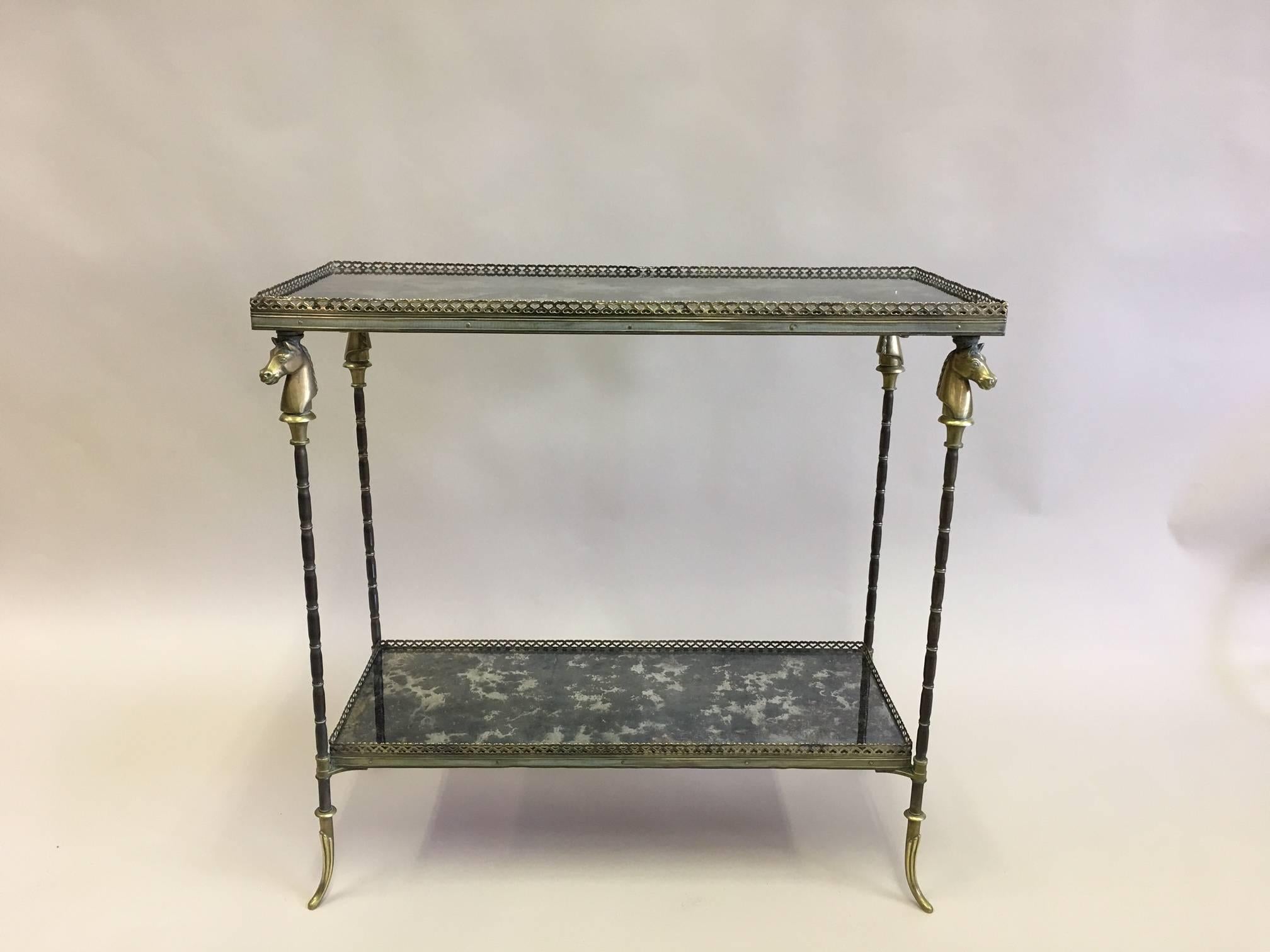 French Modern Neoclassical Double Level Side Table / Console / Sofa Table by Maison Bagues with Mercury Glass Patina Mirrored Tops.
Palladins 