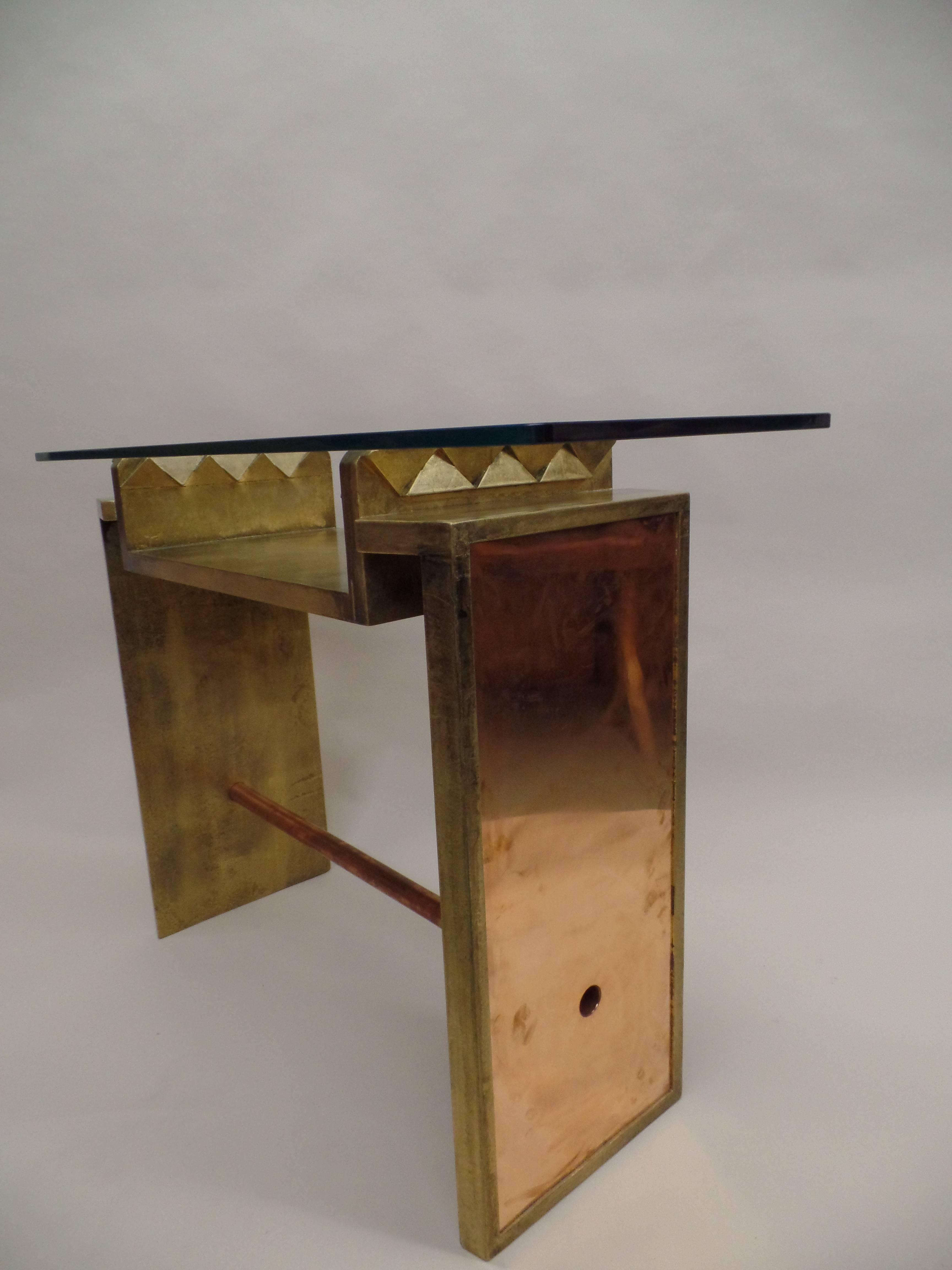 Post-Modern Two Unique Italian Postmodern Gilt and Copper Cantilevered Consoles / Sofa Table For Sale