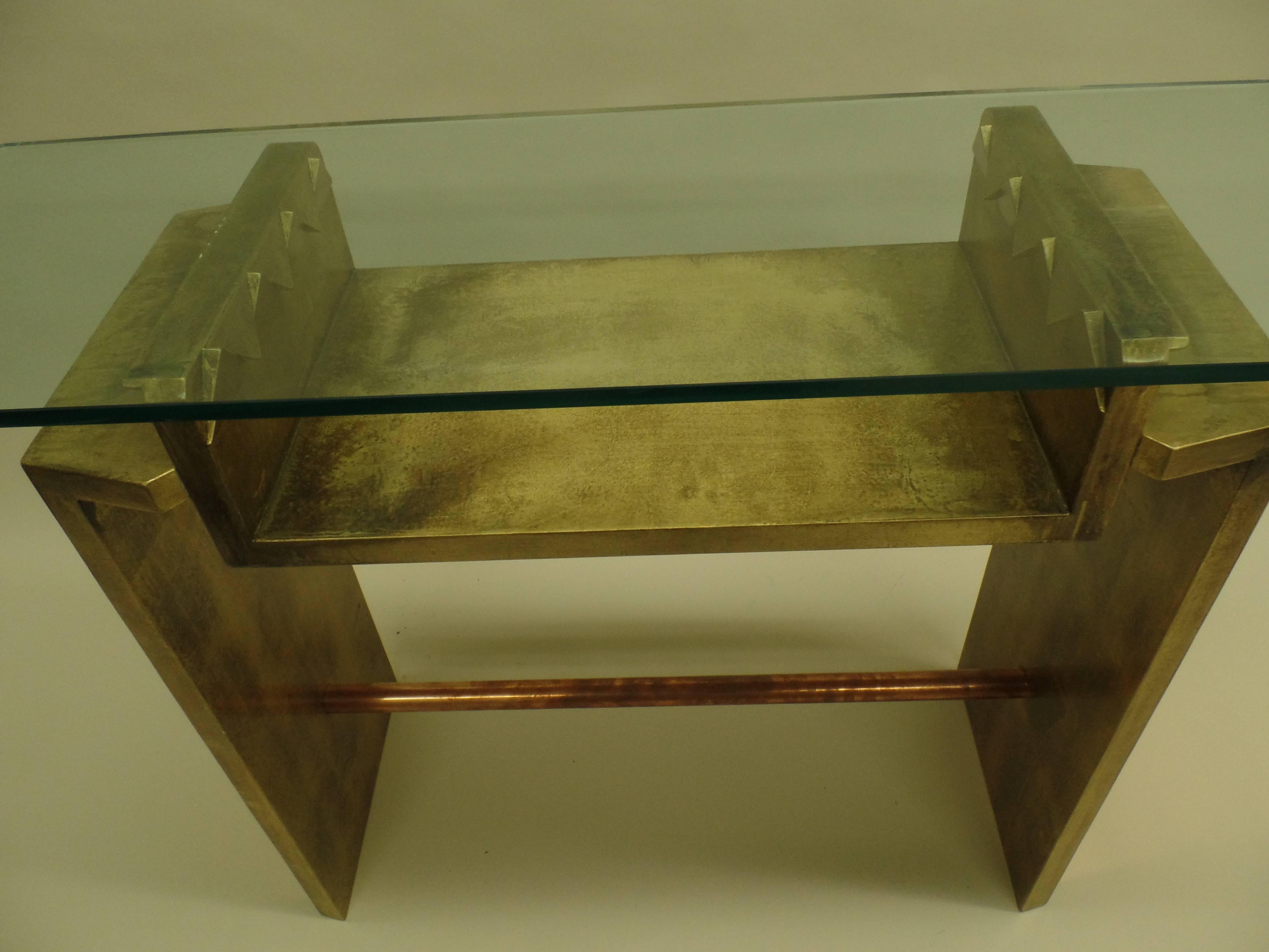 Two Unique Italian Postmodern Gilt and Copper Cantilevered Consoles / Sofa Table In Good Condition For Sale In New York, NY