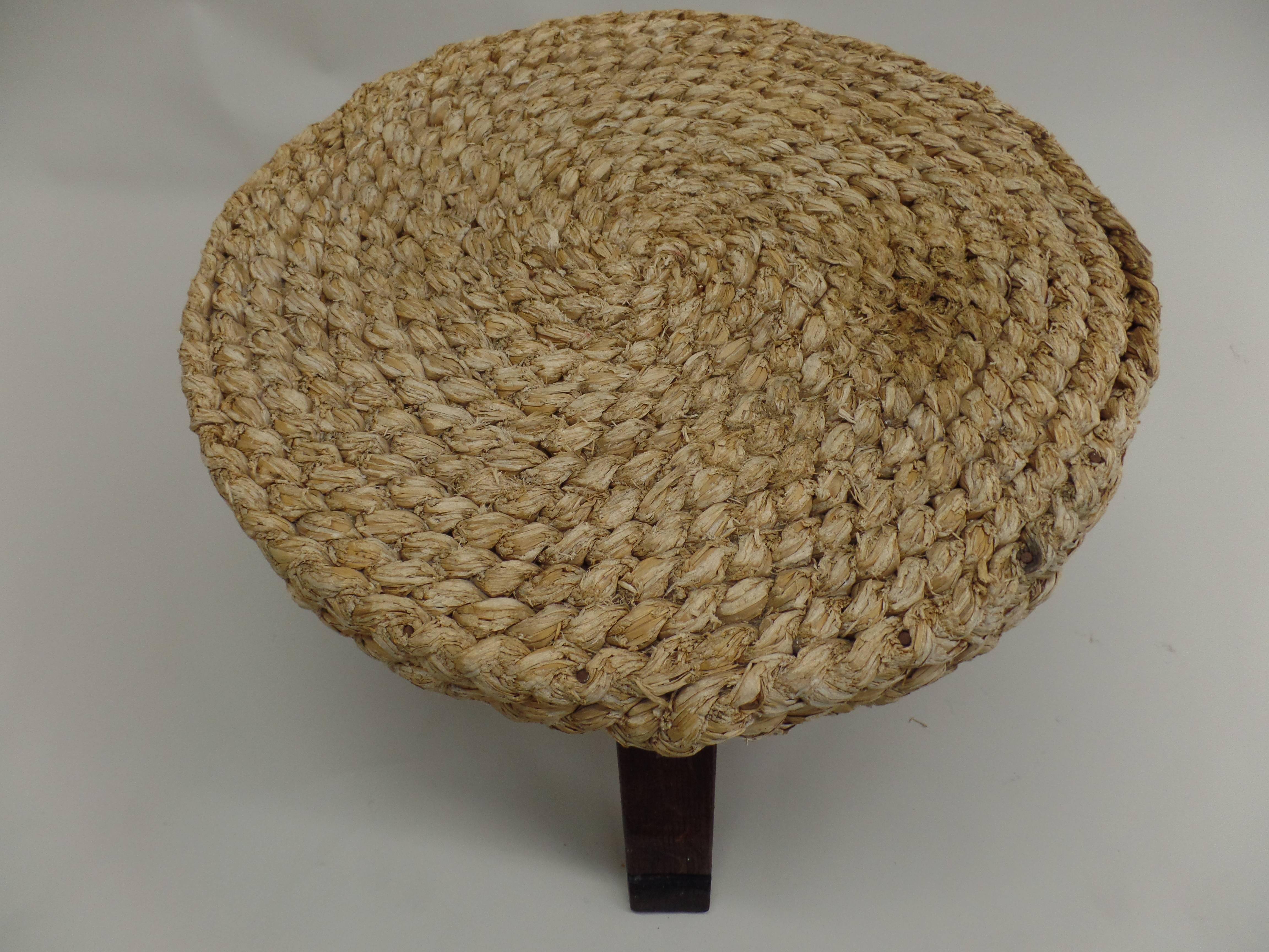 Rope French Mid-Century Modern Woven Rush Round Coffee Table by Audoux & Minet, 1940