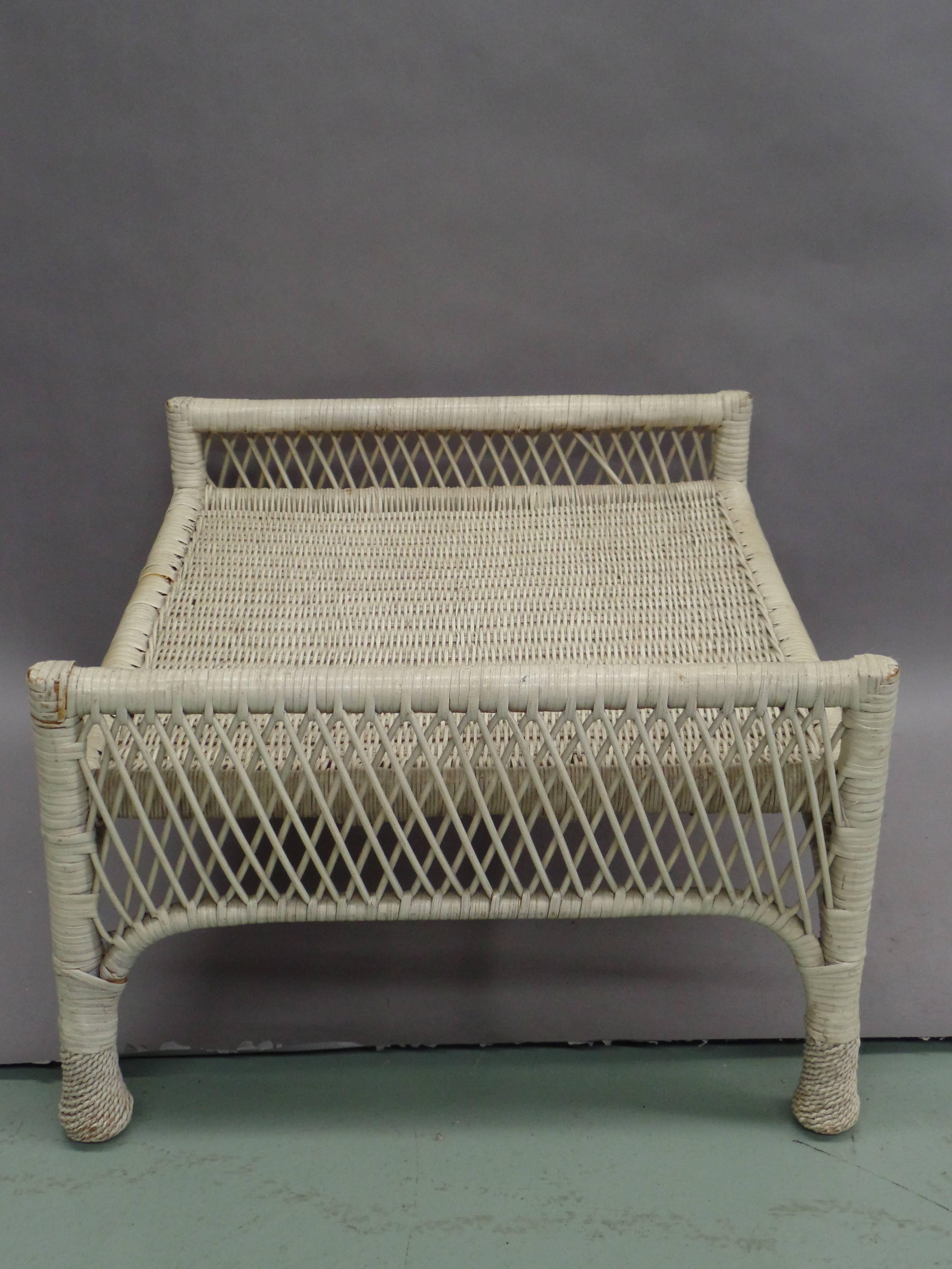 French Pair of Mid-Century Modern Bamboo & Rattan Wicker Stools, Benches or Ottoman