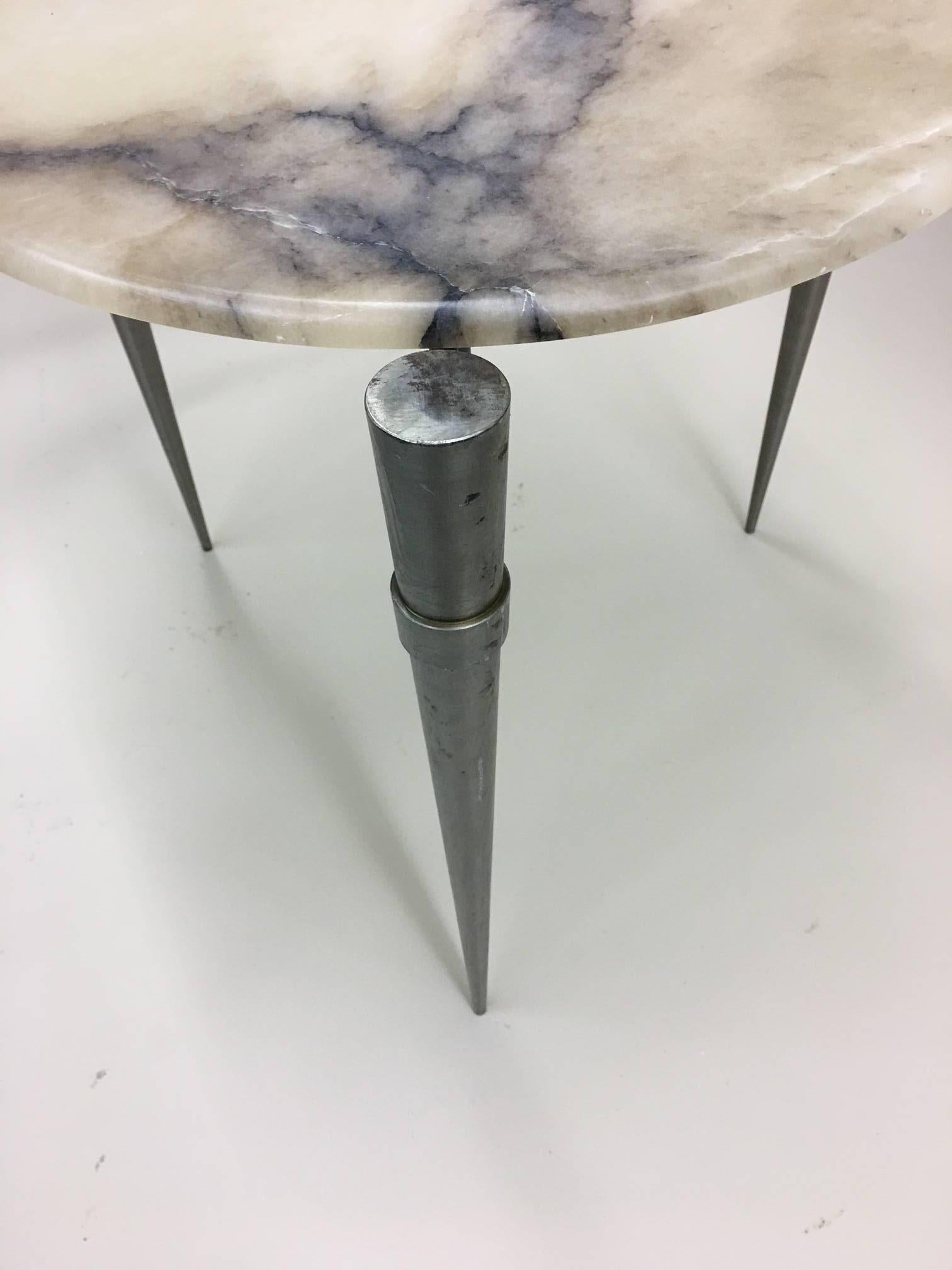 Custom Pair of French Mid-Century Modern Style Steel and Alabaster Side Tables For Sale 3