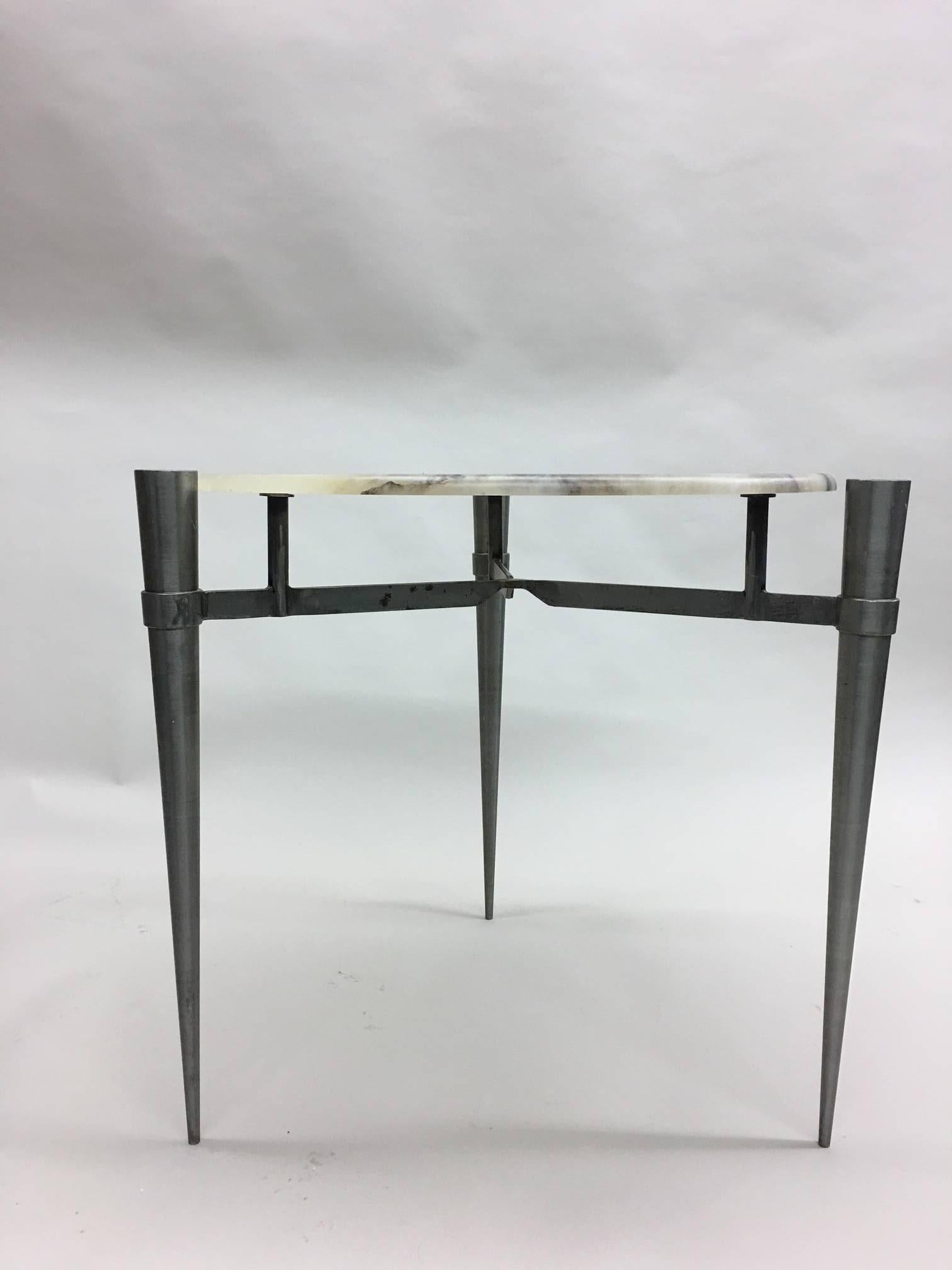 20th Century Custom Pair of French Mid-Century Modern Style Steel and Alabaster Side Tables For Sale