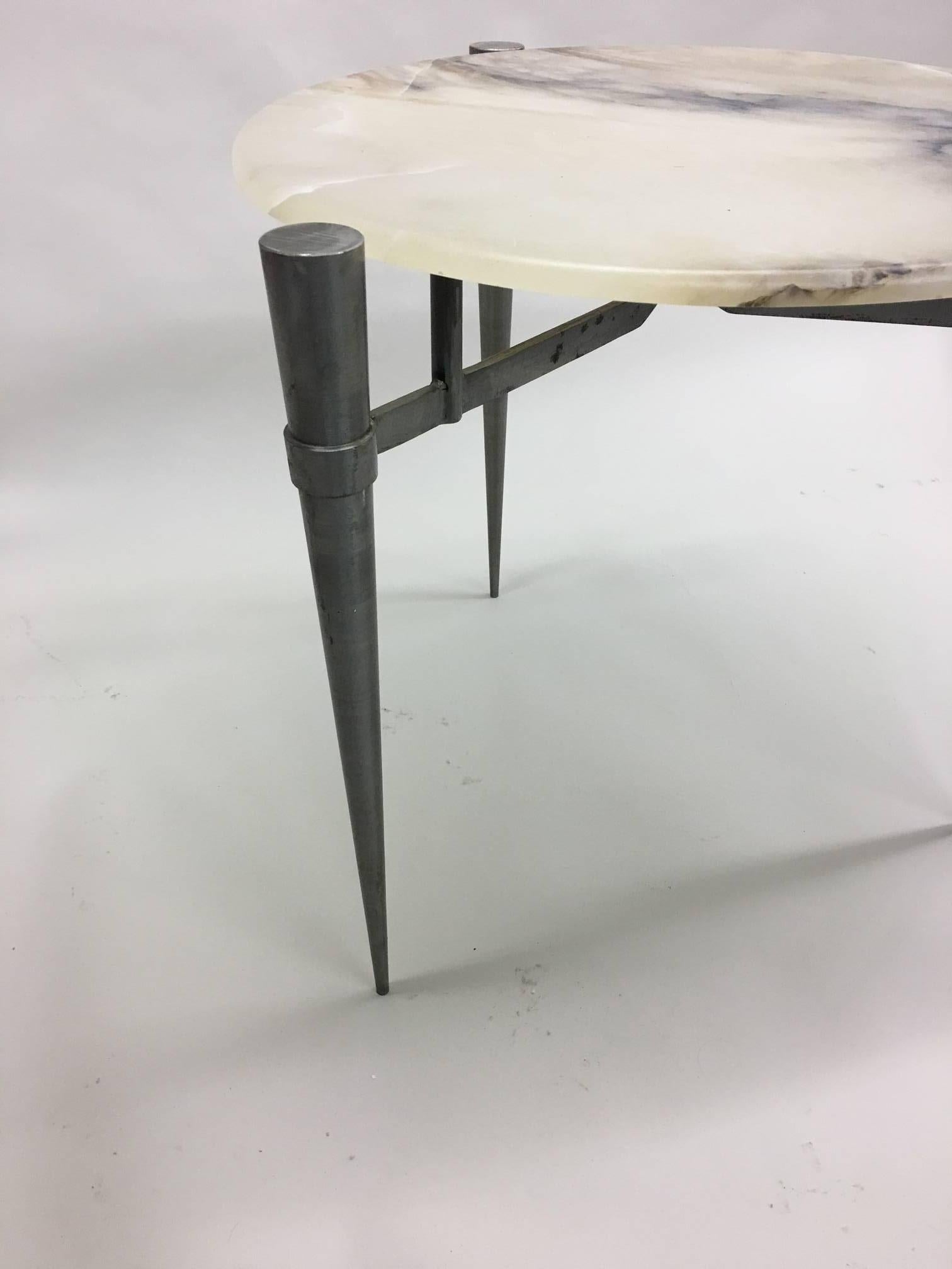 Custom Pair of French Mid-Century Modern Style Steel and Alabaster Side Tables For Sale 2