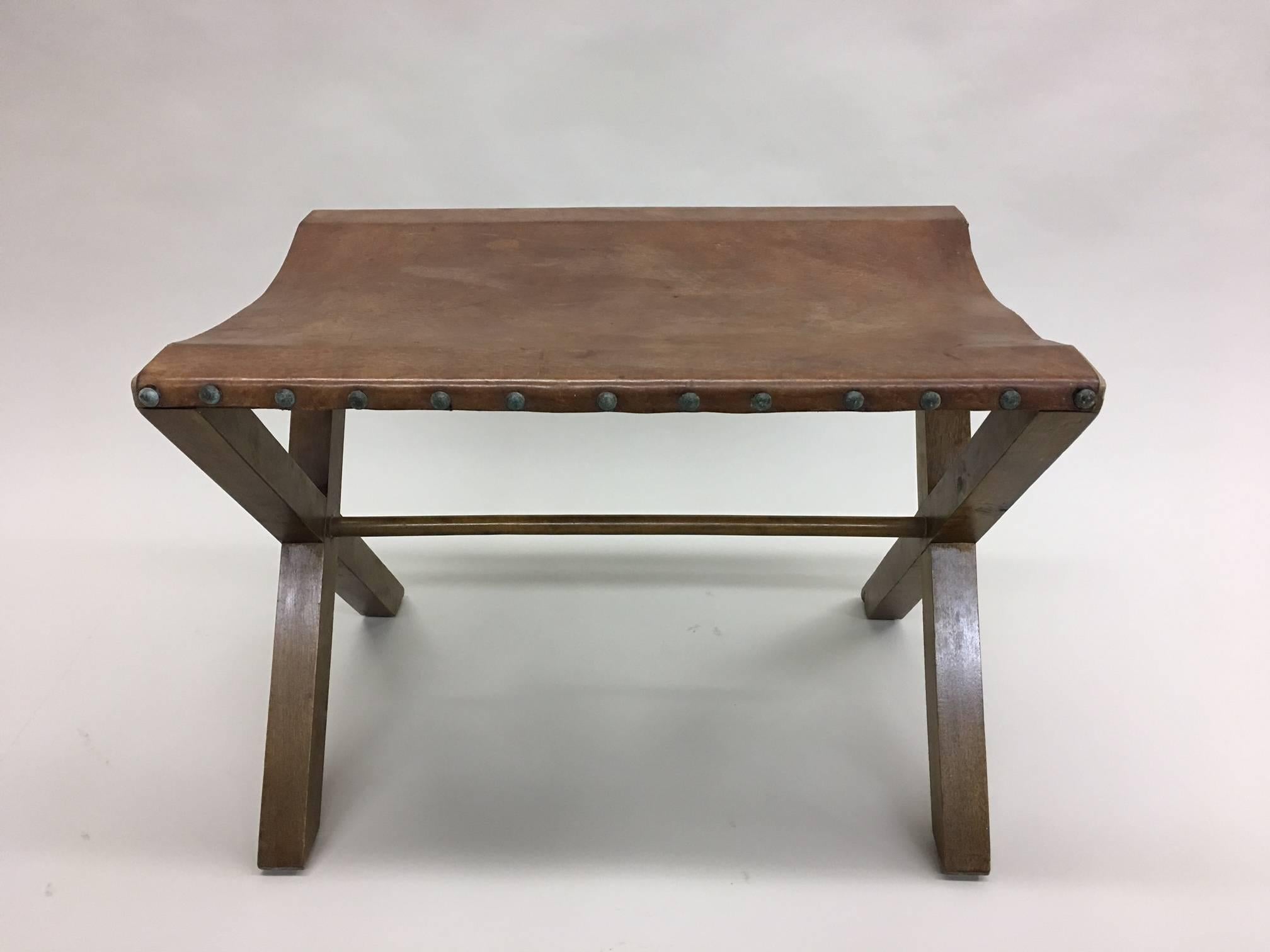 Mid-Century Modern 2 French Midcentury Wood and Studded Leather X-Frame Benches, Jean-Michel Frank