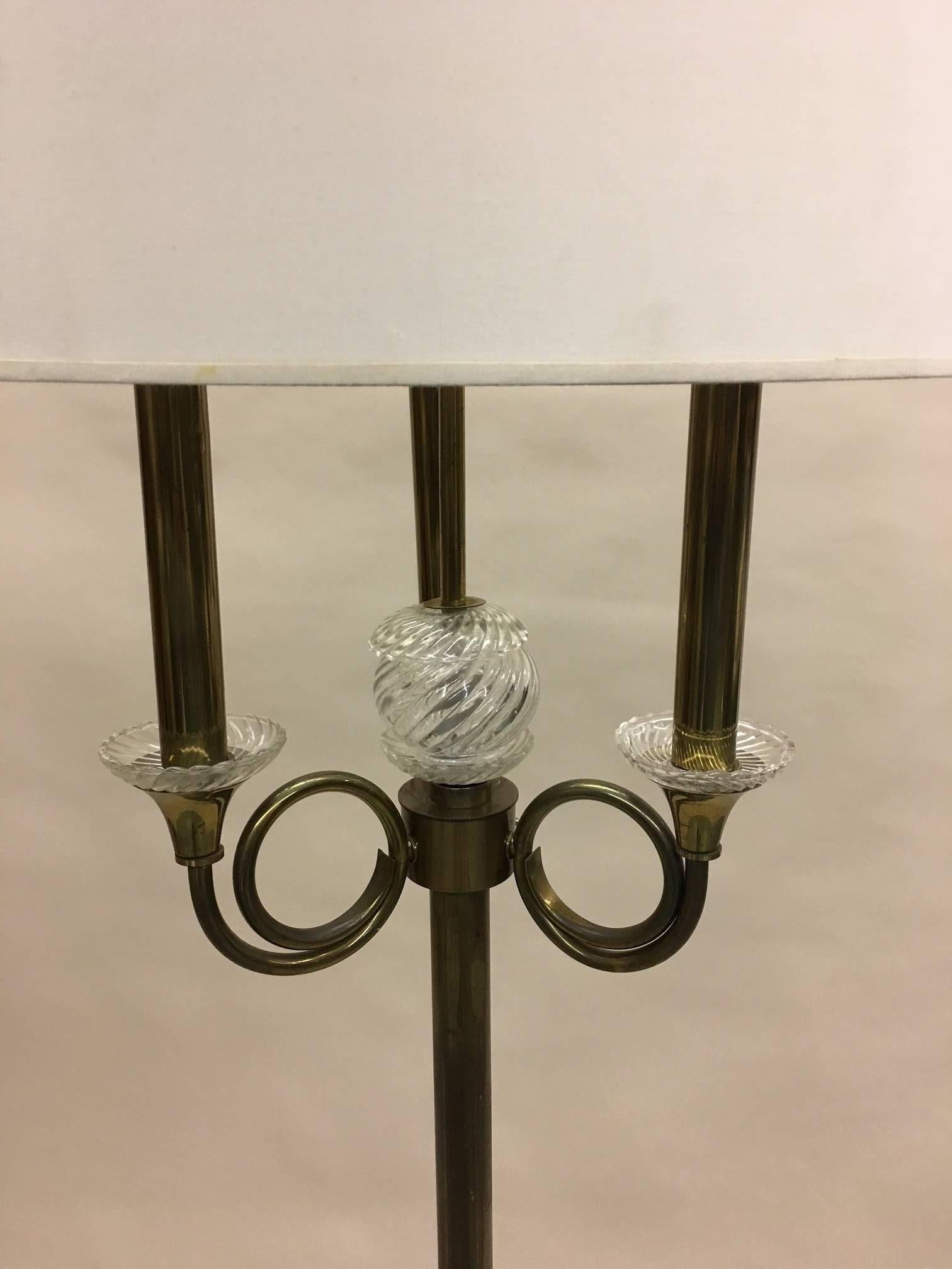 Mid-Century Modern Pair of French Modern Neoclassical Brass and Crystal Floor Lamps, Jules Leleu For Sale