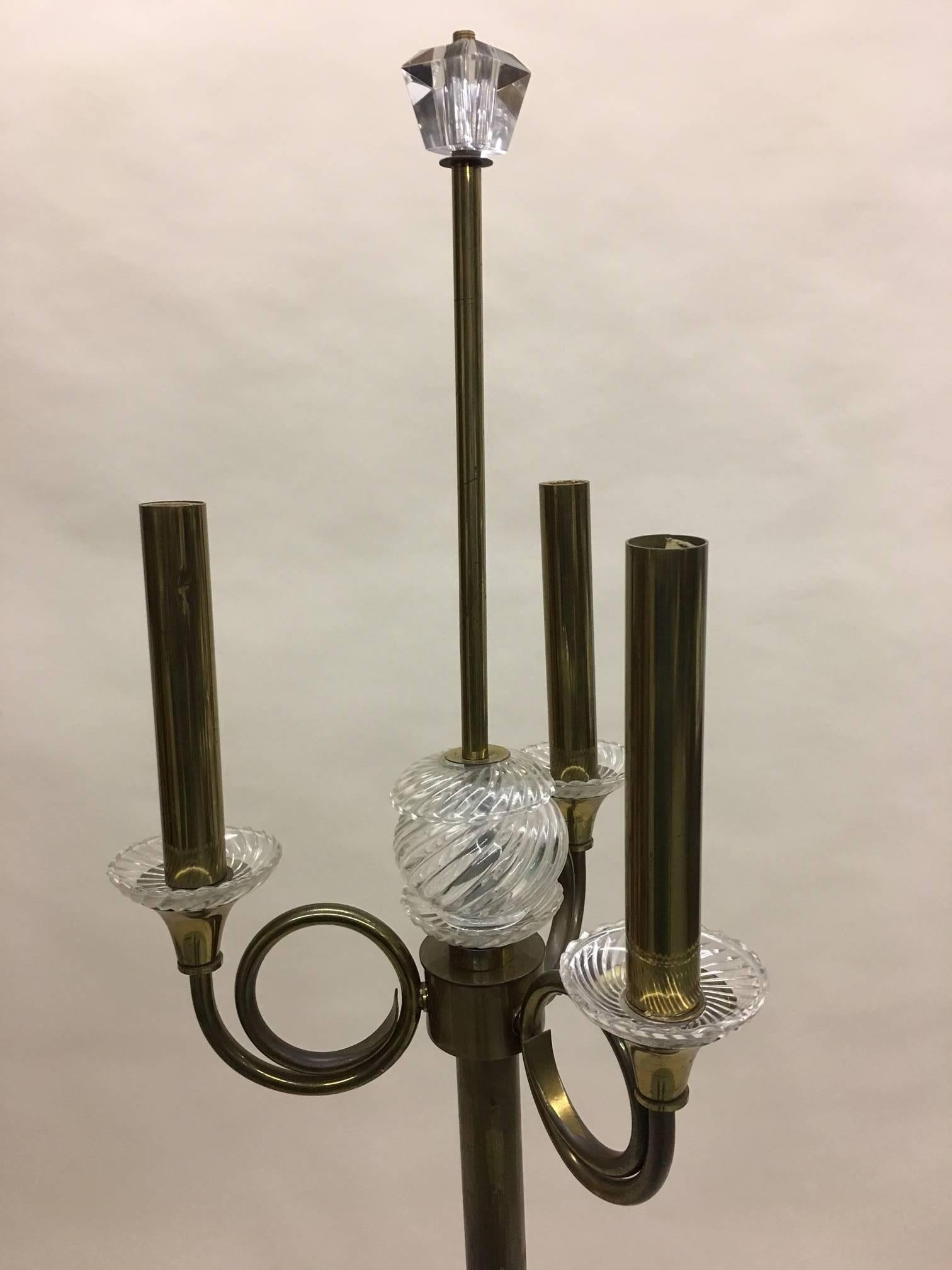 Pair of French Modern Neoclassical Brass and Crystal Floor Lamps, Jules Leleu In Good Condition For Sale In New York, NY