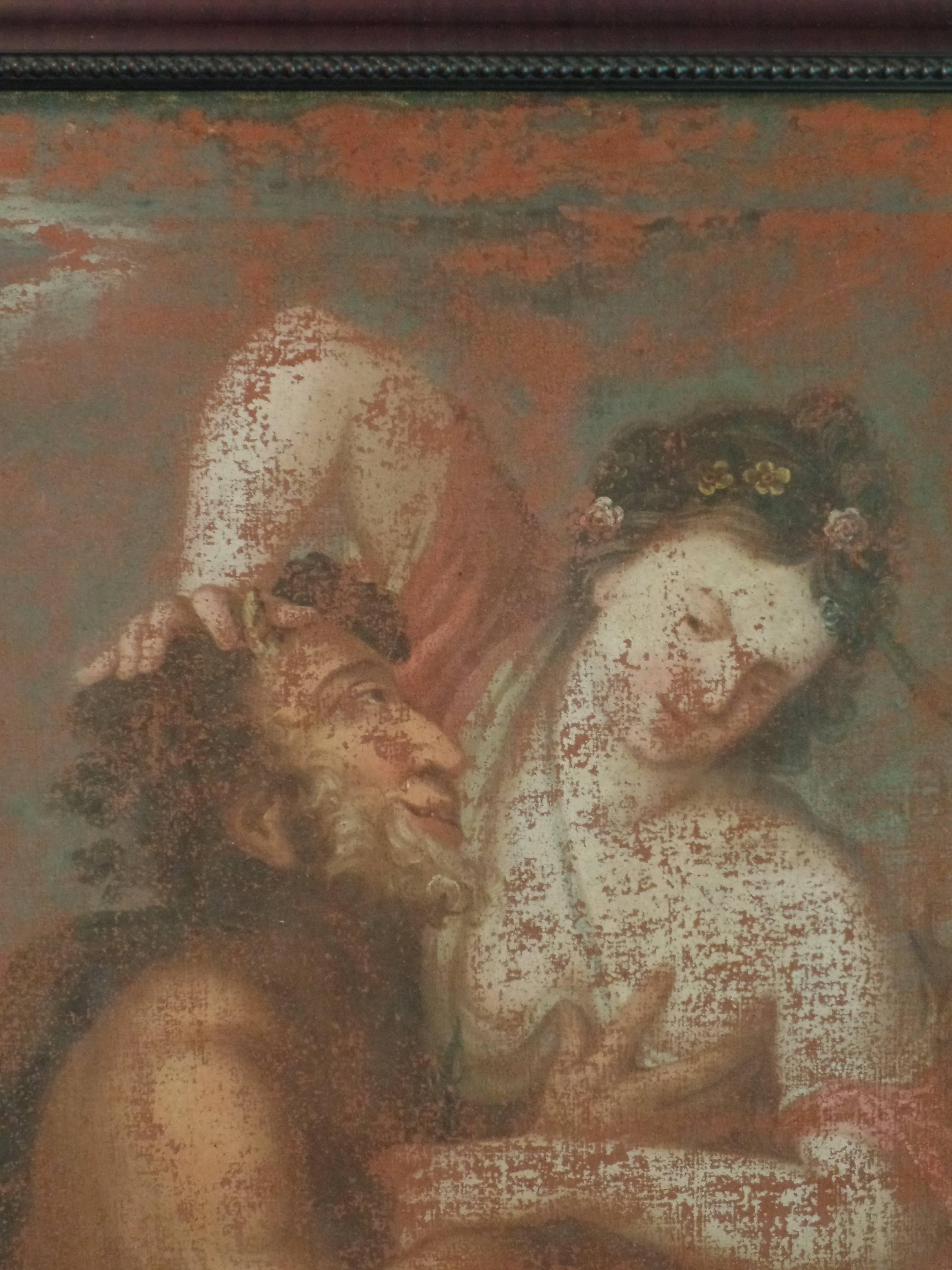 Baroque 17th Century European Painting, Struggle between Satyr, Pan and a Woman For Sale