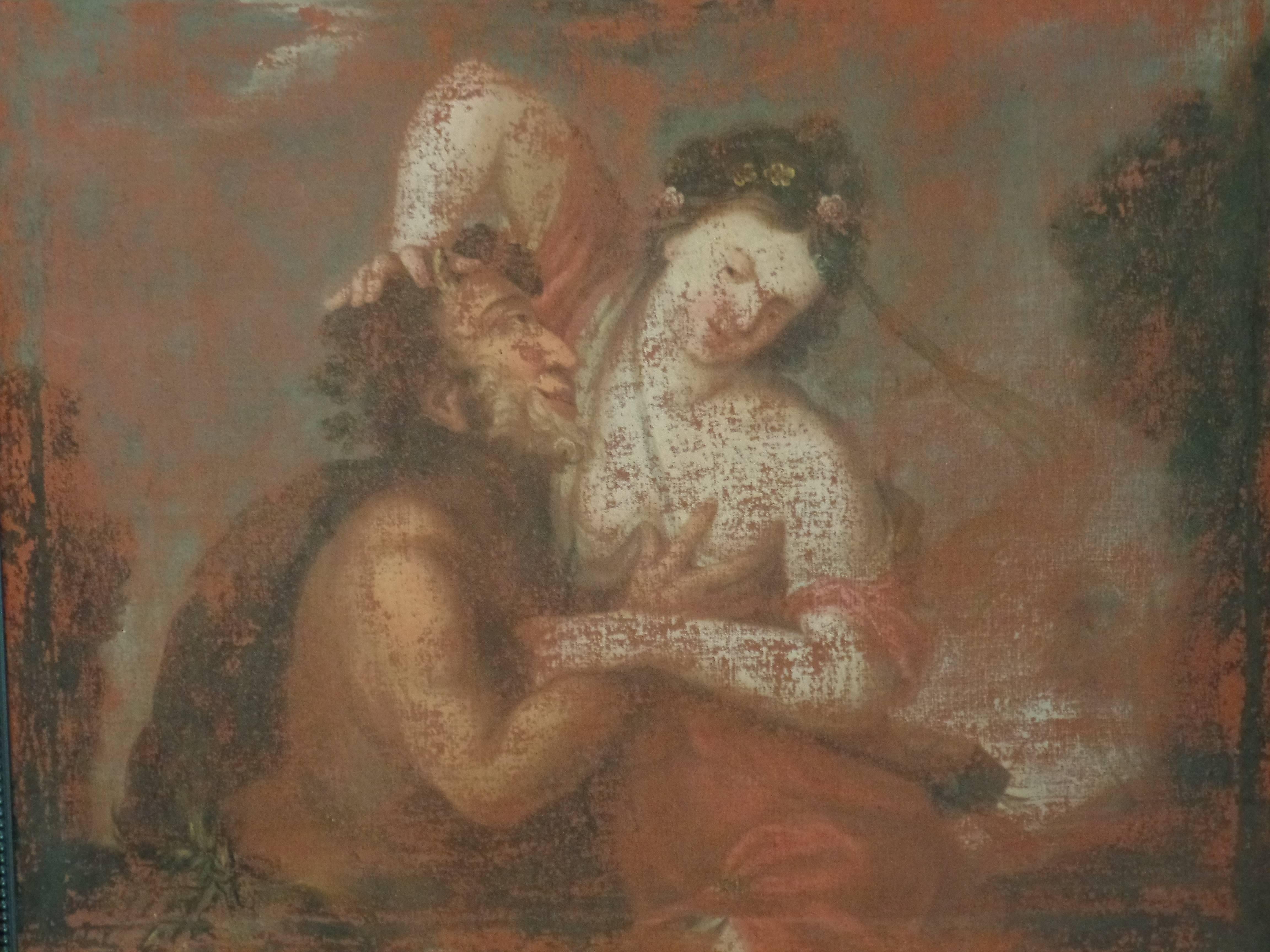 Oil on canvas, mythological painting of Satyr (pan depicted with goat horns) and woman portraying the Classic eternal theme of Eros and the struggle against it.

European (Italian or French), 17th century. Although the work has loss of paint, it