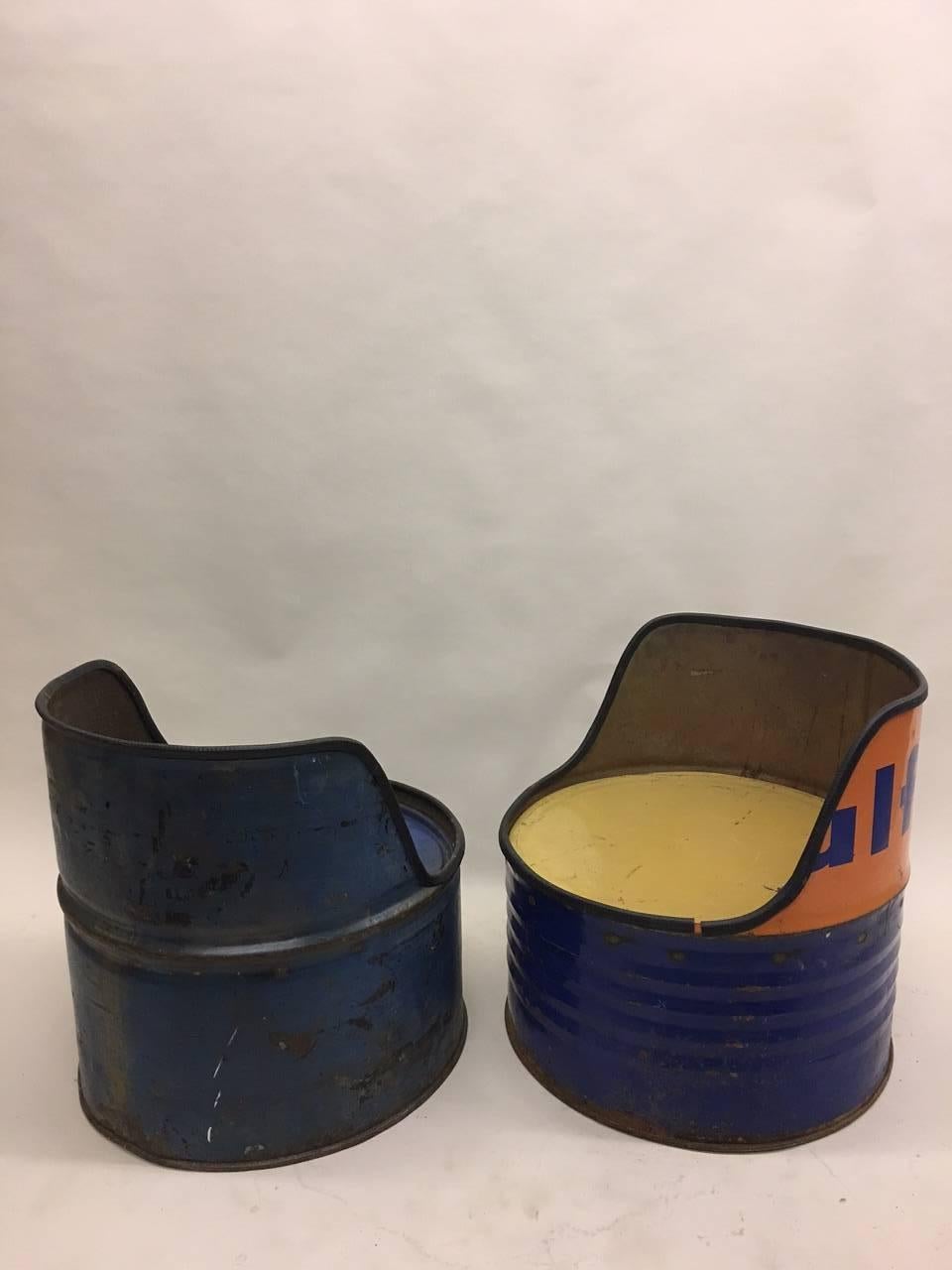 Pair of Artist conceived, Industrial design armchairs or club chairs re-purposed from Gulf Oil barrels and reflecting a modern 1960s counter-cultural aesthetic emphasizing the use of every day materials in the art making process. Andy Warhol