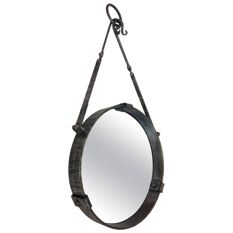 French MidCentury Modern Round Wrought Iron Mirror, Attr. Paul Kiss
