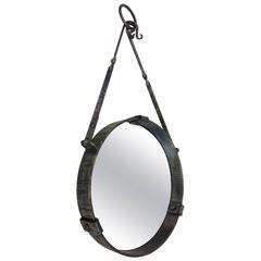 Retro French Mid-Century Modern Round Wrought Iron Mirror, Attr. Paul Kiss, circa 1930