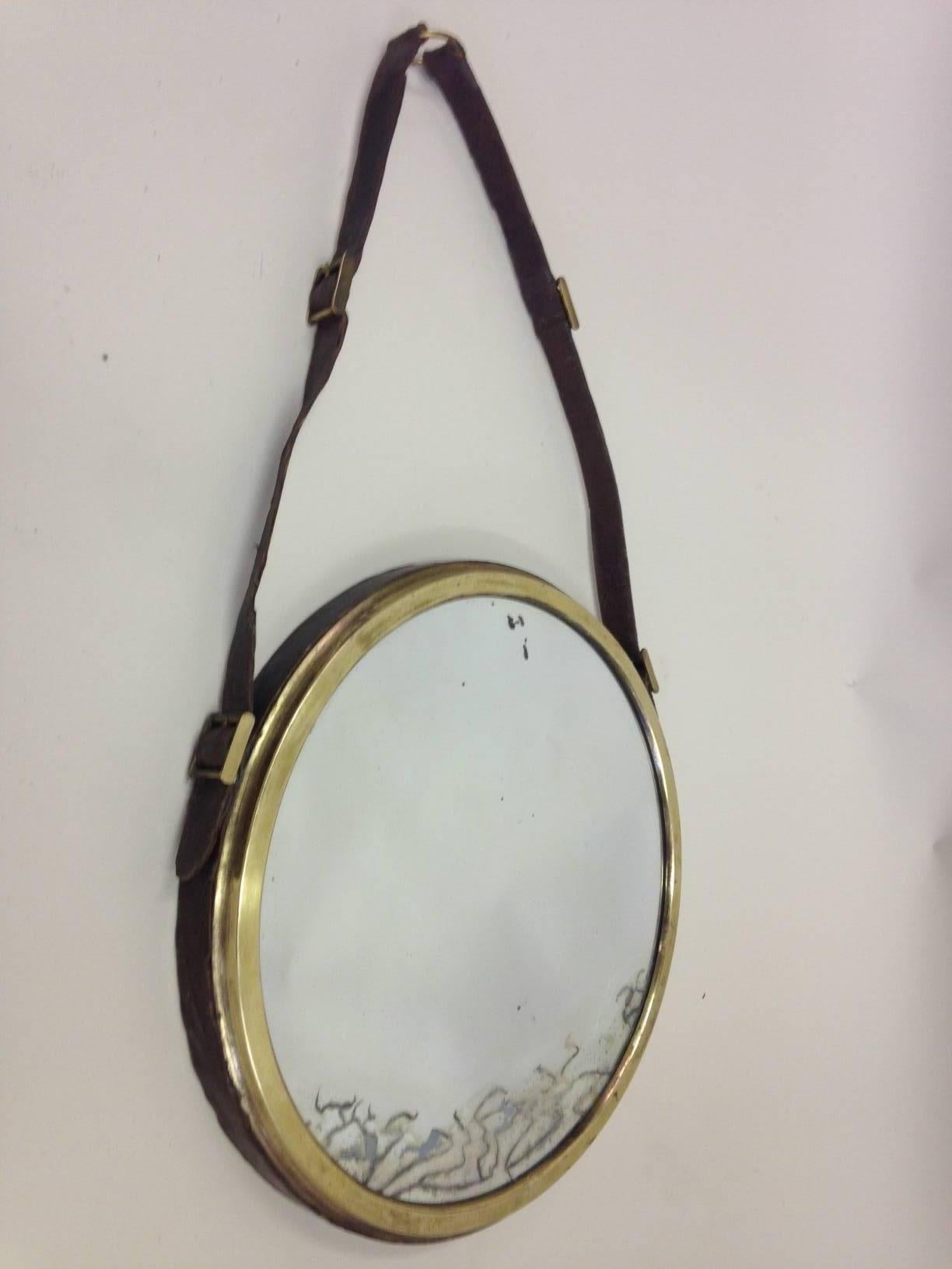 French Mid-Century Modern Neoclassical Leather Wrapped Mirror, Jacques Adnet In Fair Condition For Sale In New York, NY
