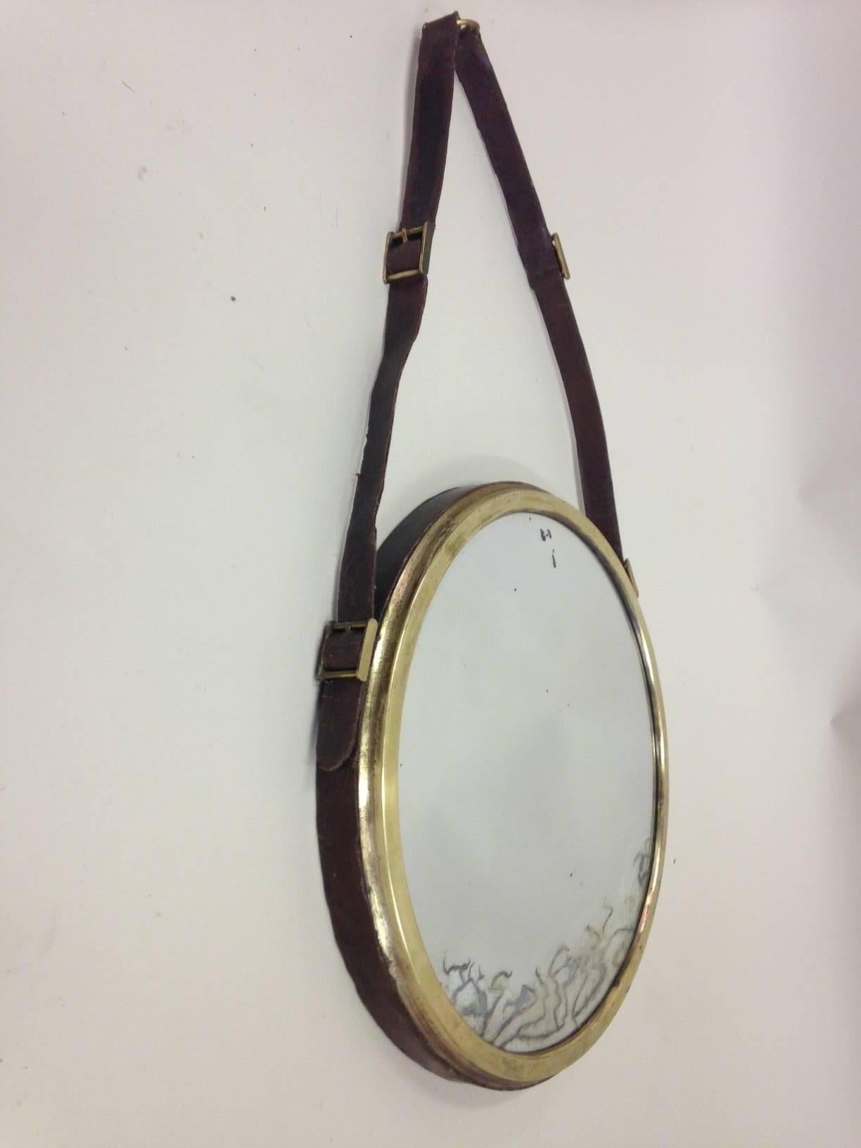 20th Century French Mid-Century Modern Neoclassical Leather Wrapped Mirror, Jacques Adnet For Sale