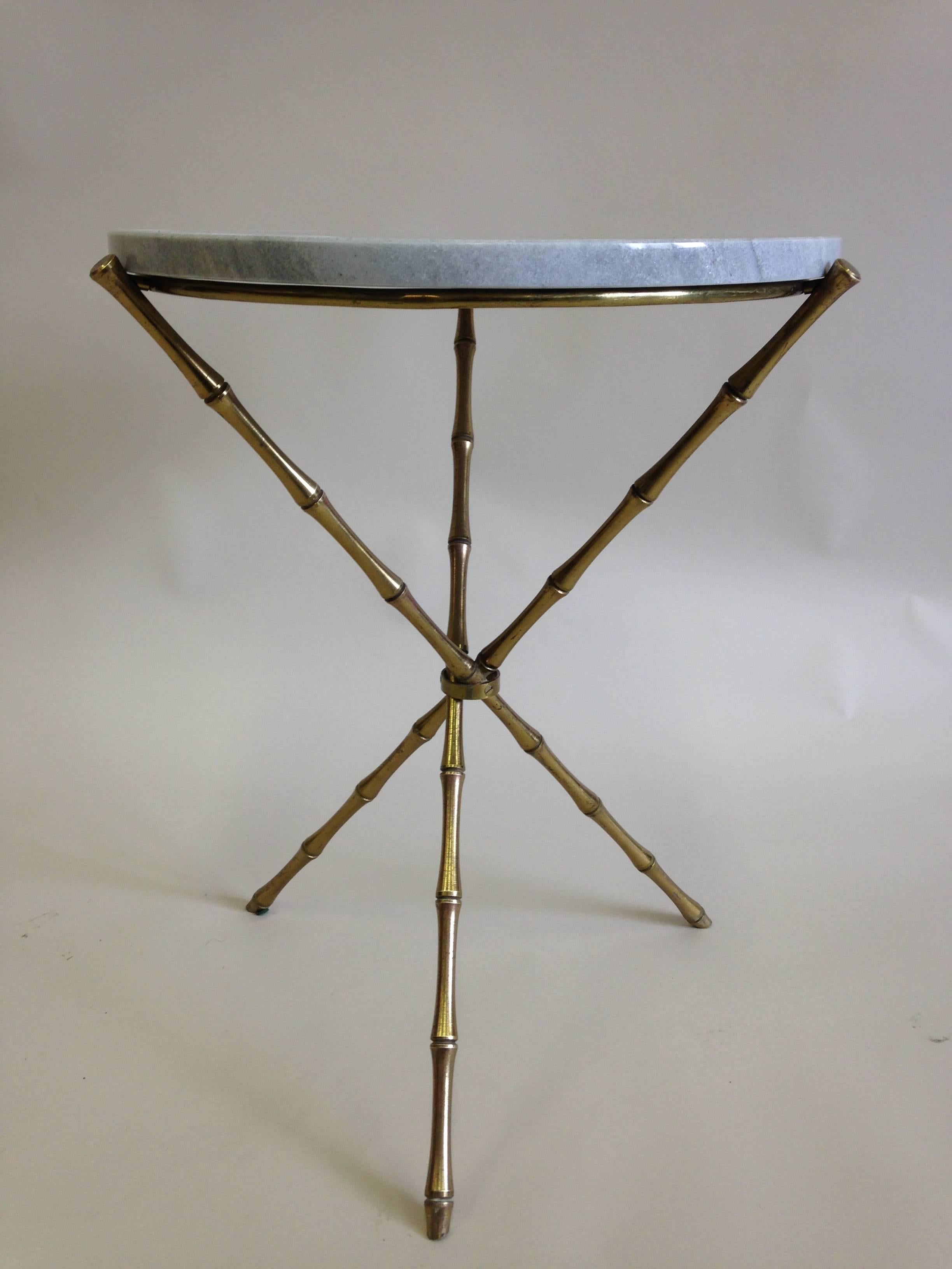 20th Century Pair French Mid-Century Brass Faux Bamboo & Marble Side Tables by Maison Baguès