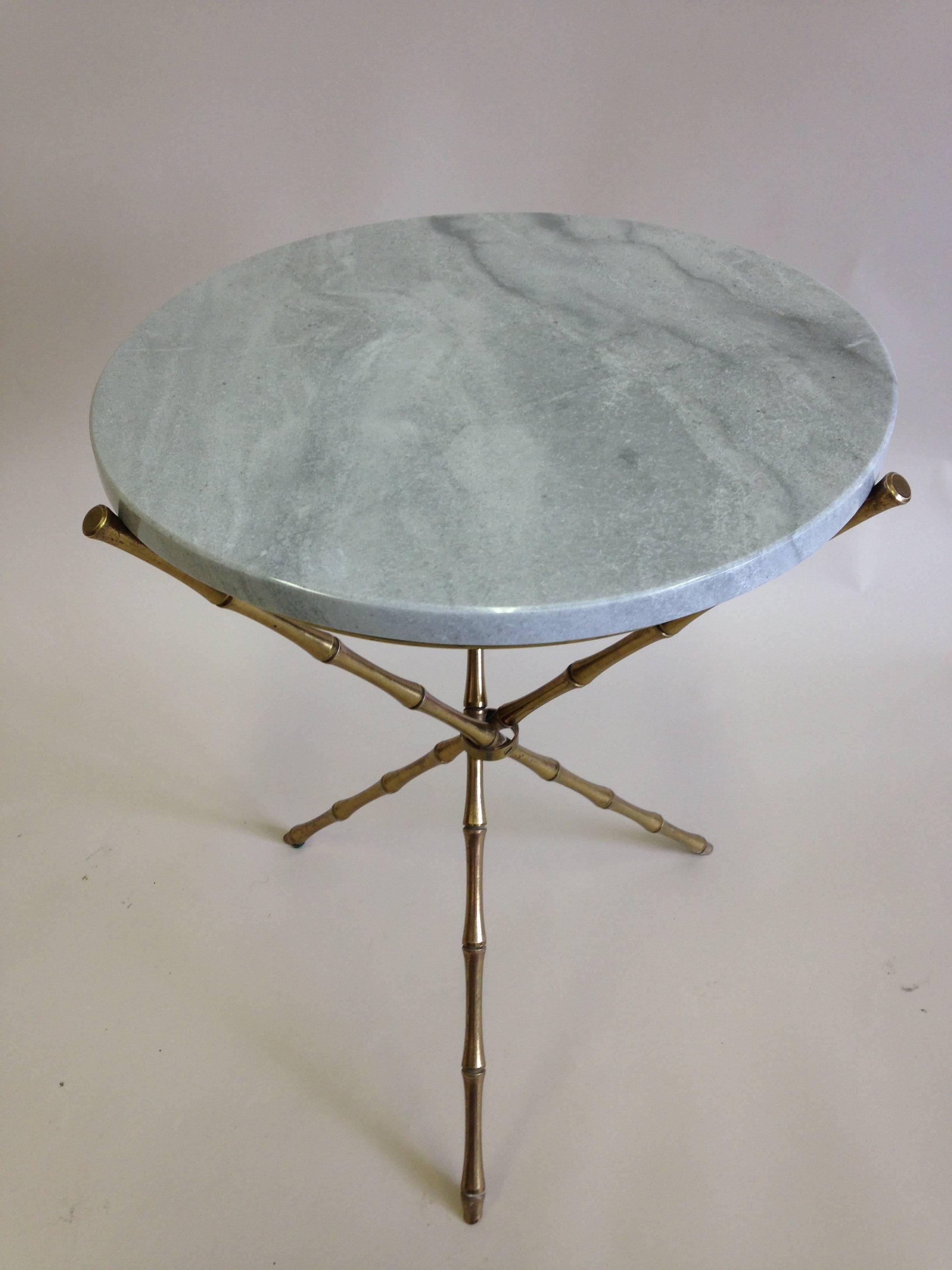 Pair French Mid-Century Brass Faux Bamboo & Marble Side Tables by Maison Baguès In Good Condition In New York, NY