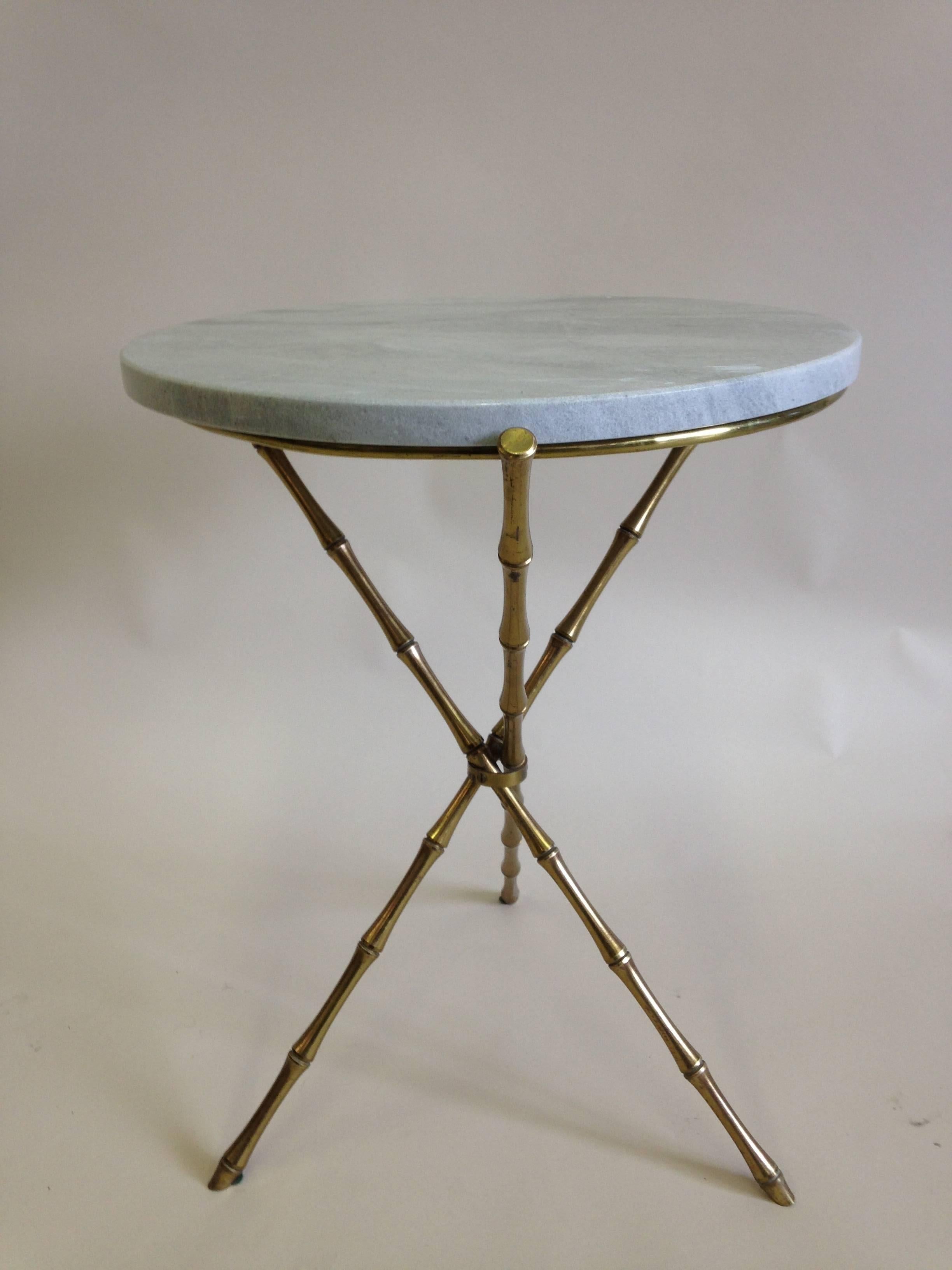 Pair French Mid-Century Brass Faux Bamboo & Marble Side Tables by Maison Baguès 1