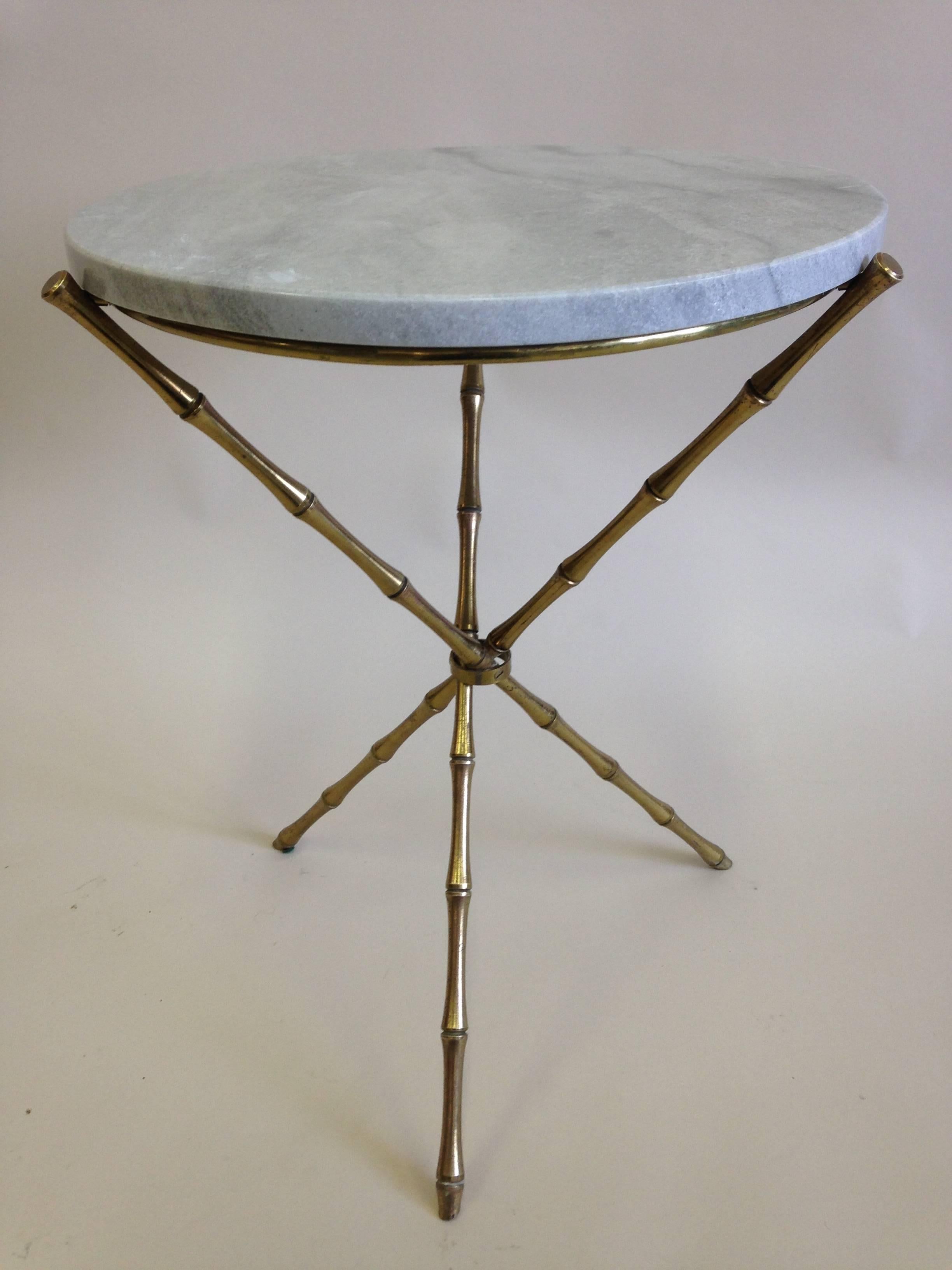 Mid-Century Modern Pair French Mid-Century Brass Faux Bamboo & Marble Side Tables by Maison Baguès
