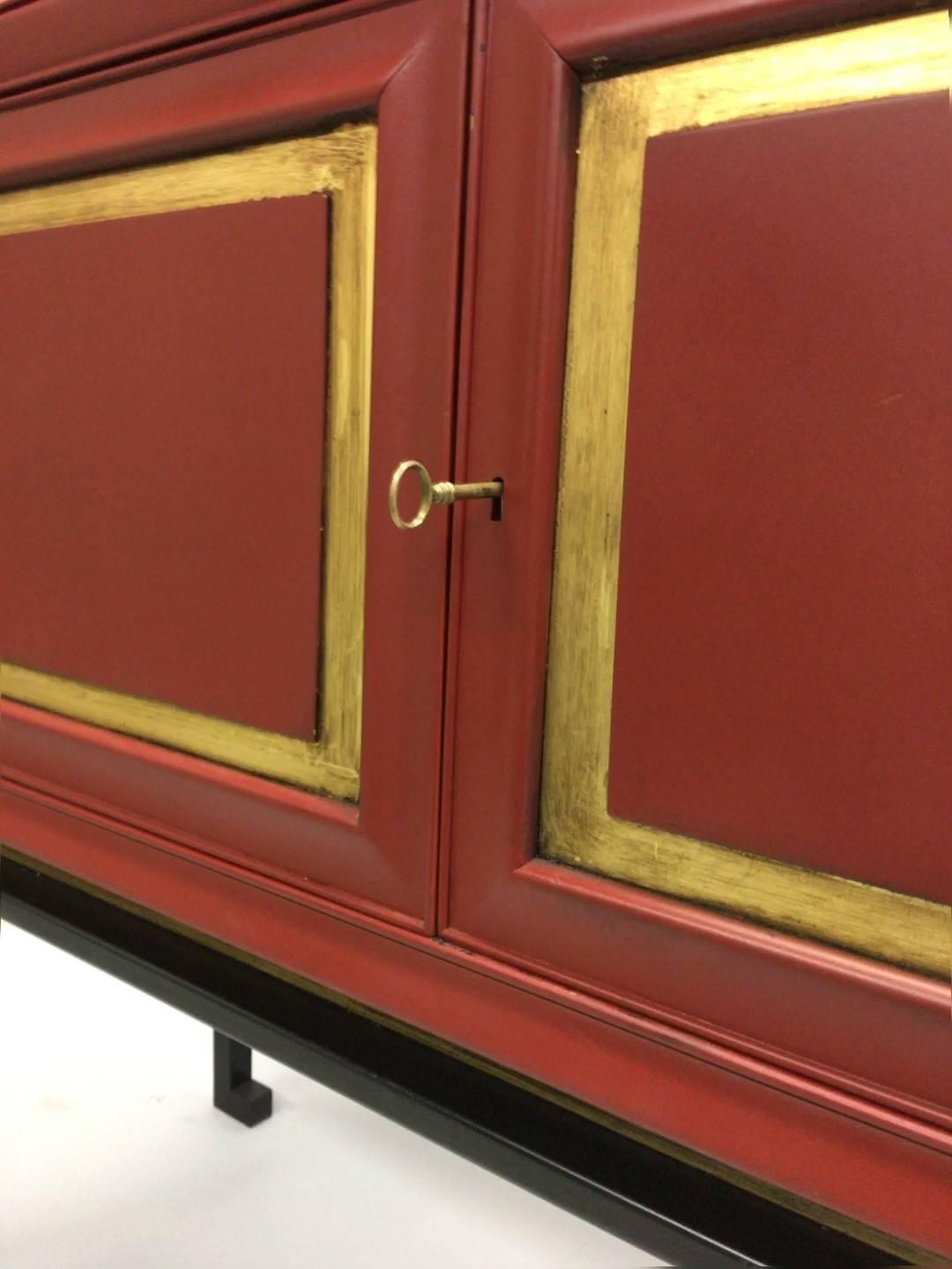 Mid-Century Modern 2 French Modern Neoclassical Chinese Red Lacquer Sideboards by Jacques Adnet For Sale