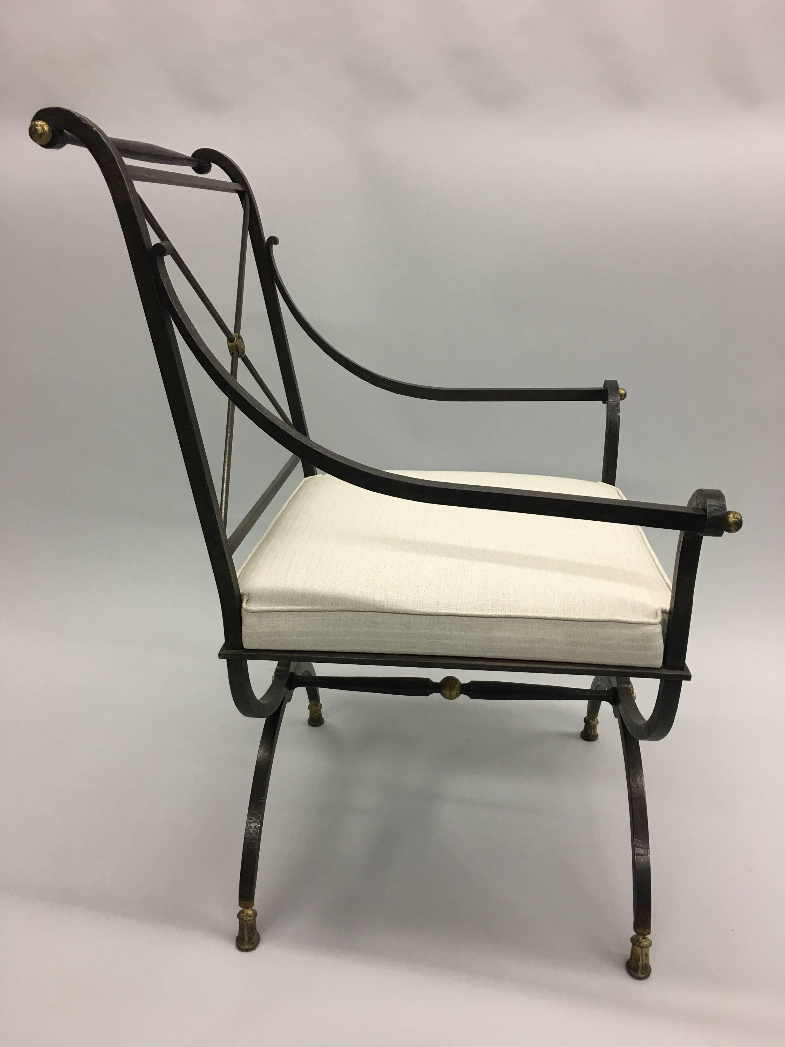 Mid-Century Modern French Partially Gilt Wrought Iron Armchair or Lounge Chair by Gilbert Poillerat
