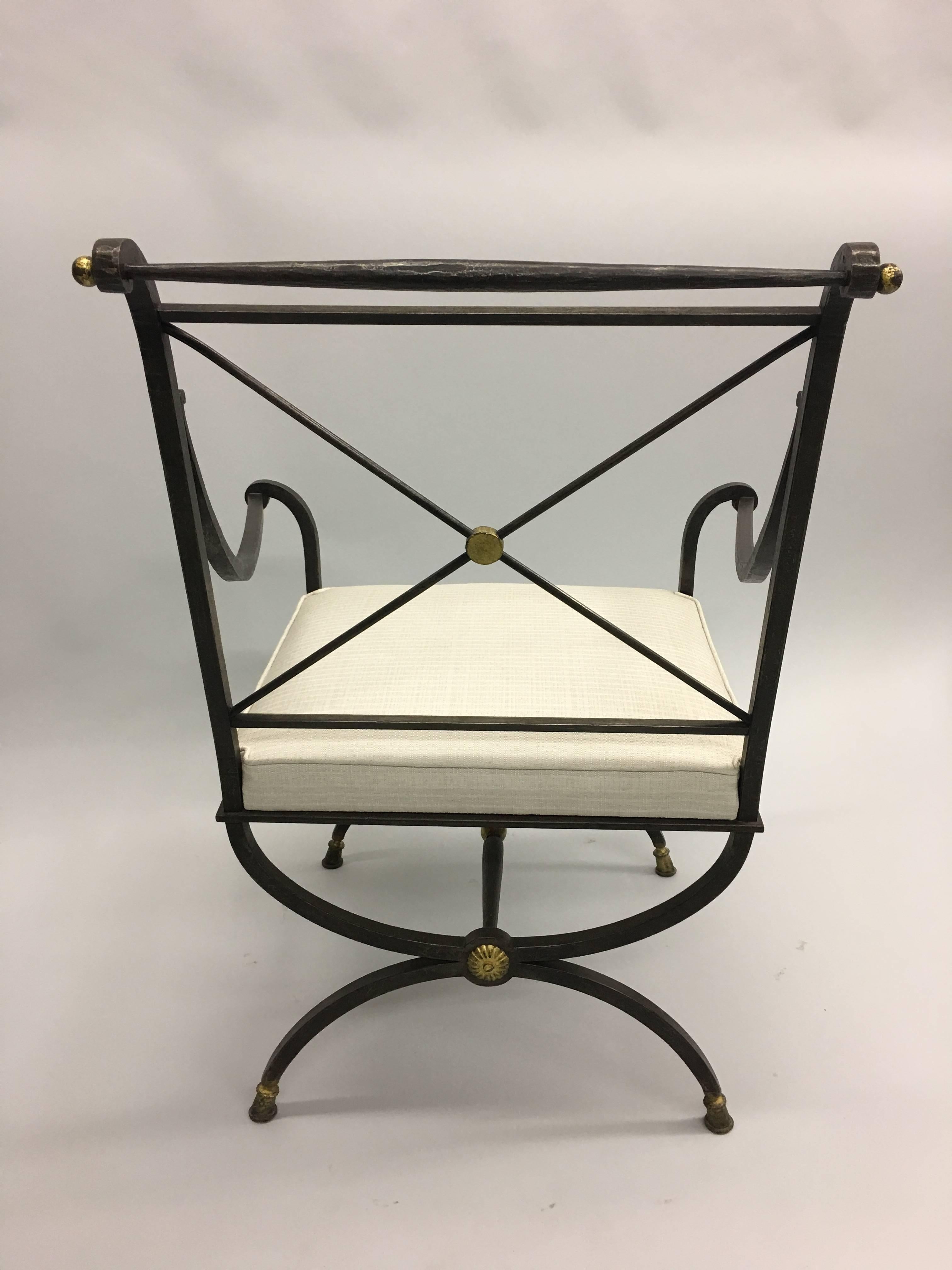 French Partially Gilt Wrought Iron Armchair or Lounge Chair by Gilbert Poillerat In Good Condition In New York, NY