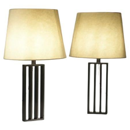 Pair French Mid-Century Modern Bronzed Iron Table Lamps, Style of Jacques Quinet