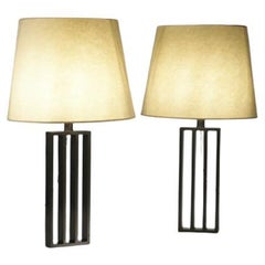 Pair French Mid-Century Modern Bronzed Iron Table Lamps, Style of Jacques Quinet