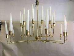 Large Italian Modern Neoclassical Brass & Satin Glass Chandelier, Fontana Arte