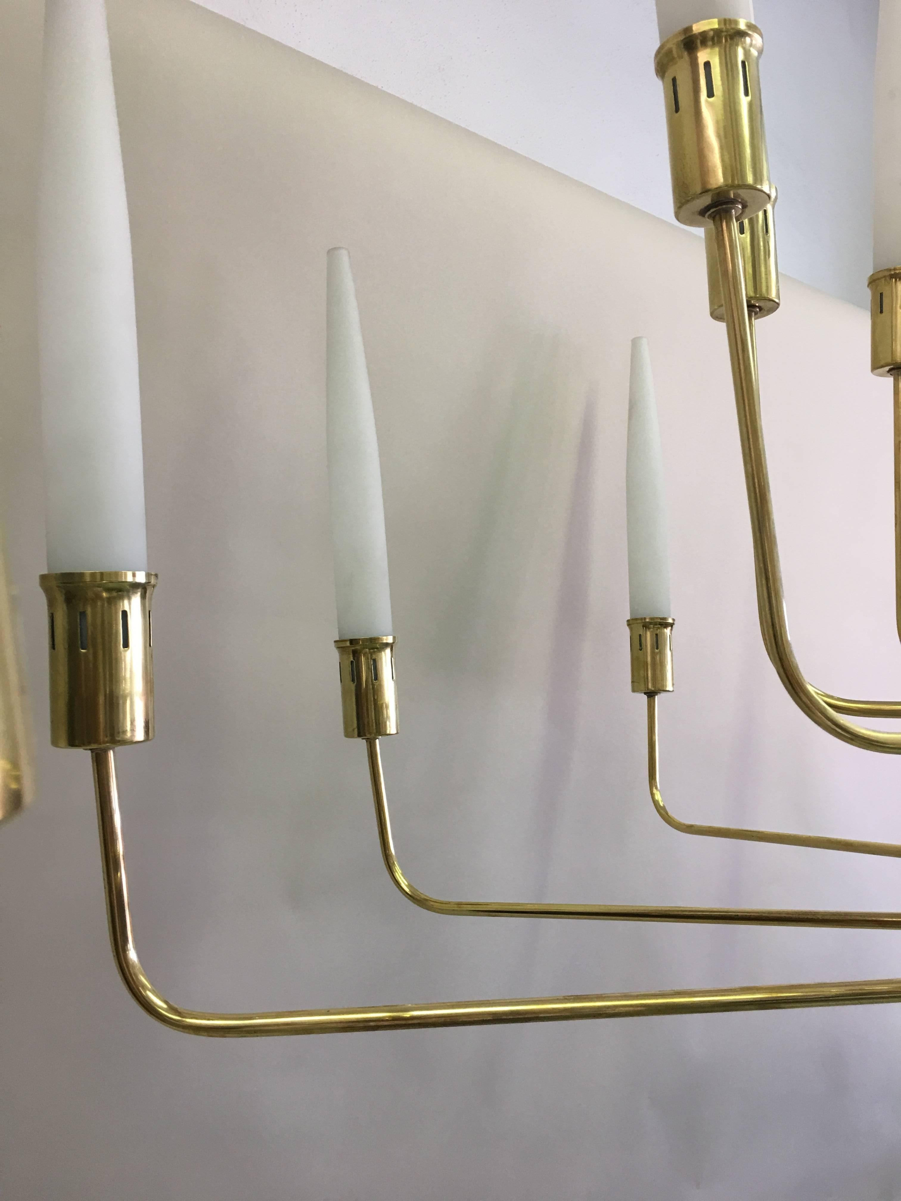 20th Century Large Italian Modern Neoclassical Brass & Satin Glass Chandelier, Fontana Arte For Sale