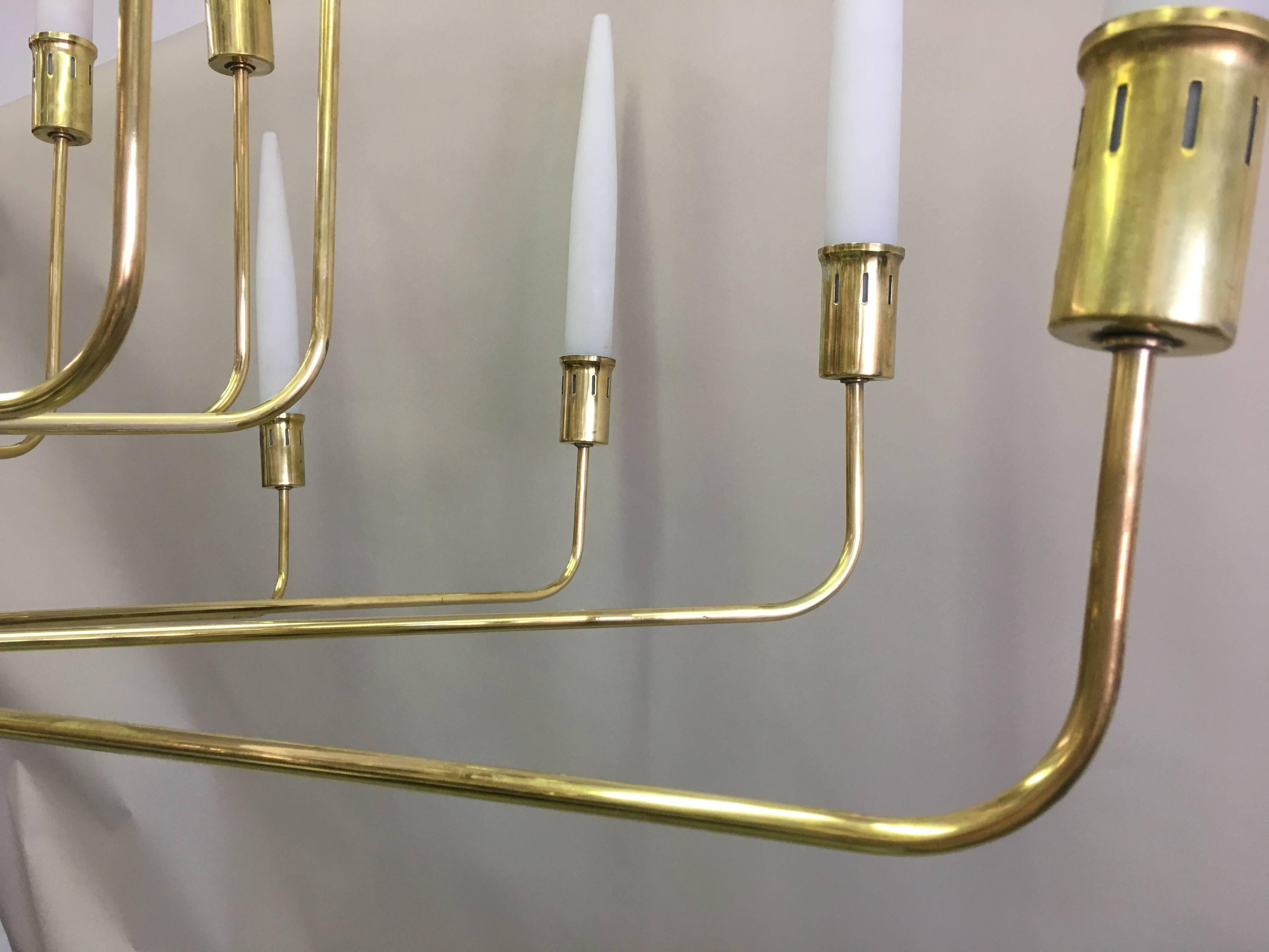 Large Italian Modern Neoclassical Brass & Satin Glass Chandelier, Fontana Arte In Good Condition For Sale In New York, NY