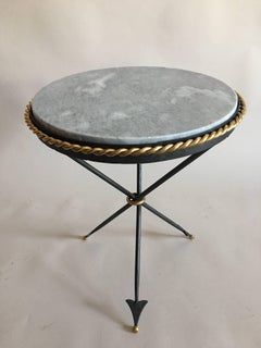 Pair of French Mid-Century Modern Neoclassical Gilt Iron and Marble Side Tables