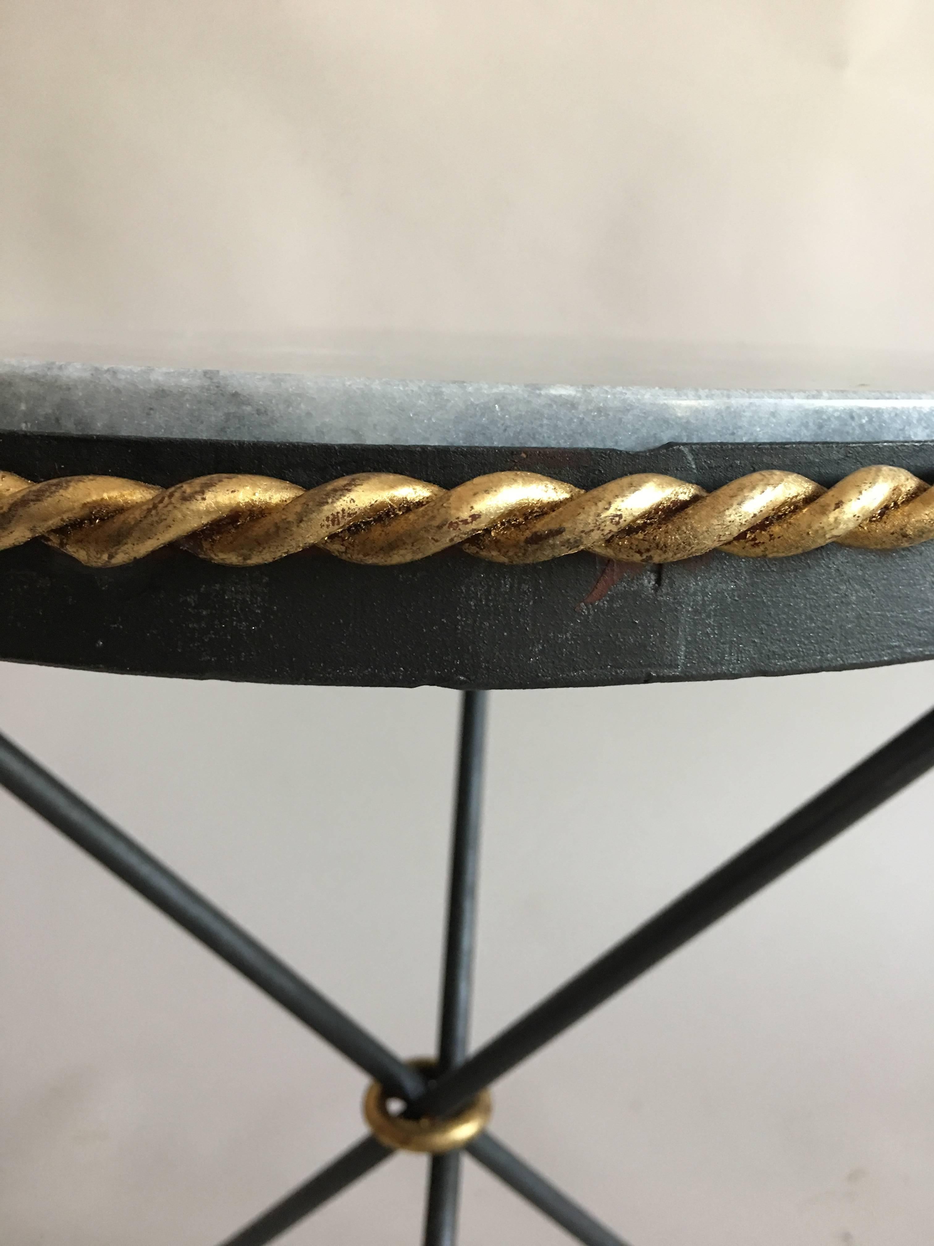Pair of French Mid-Century Modern Neoclassical Gilt Iron and Marble Side Tables For Sale 2