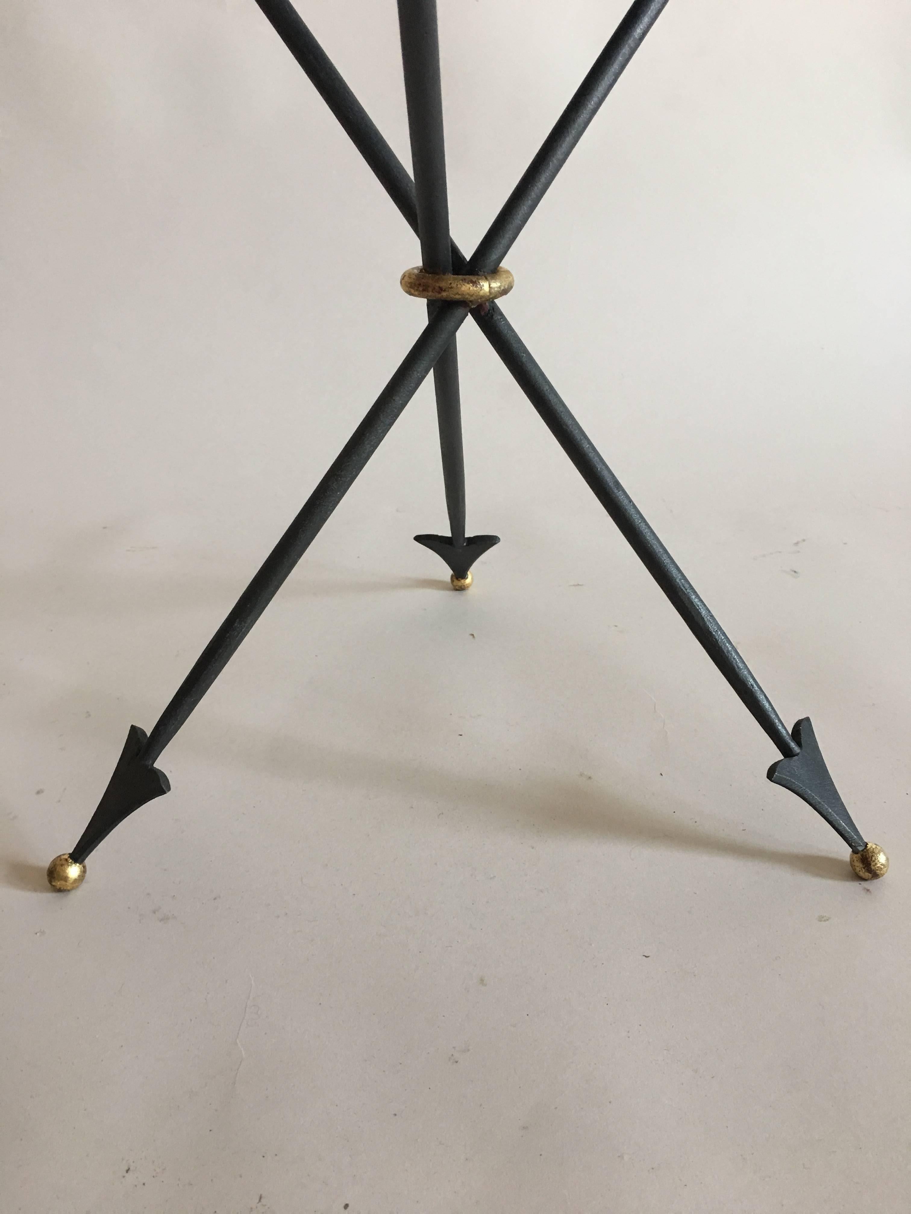 Pair of French Mid-Century Modern Neoclassical Gilt Iron and Marble Side Tables For Sale 3