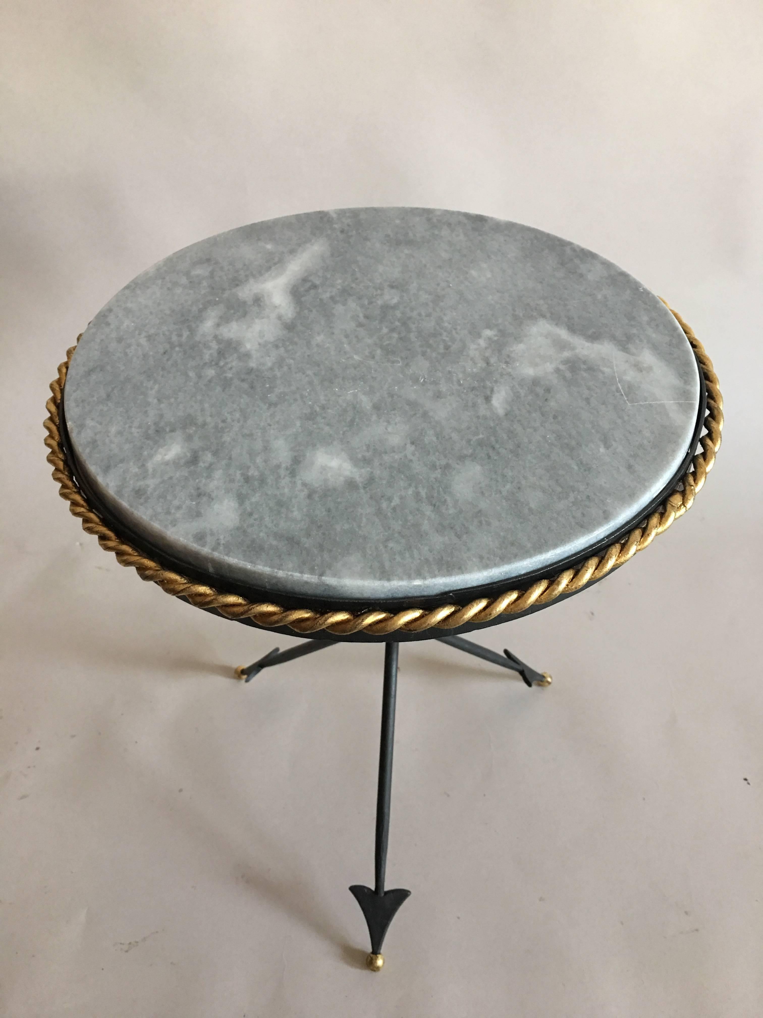 Forged Pair of French Mid-Century Modern Neoclassical Gilt Iron and Marble Side Tables For Sale