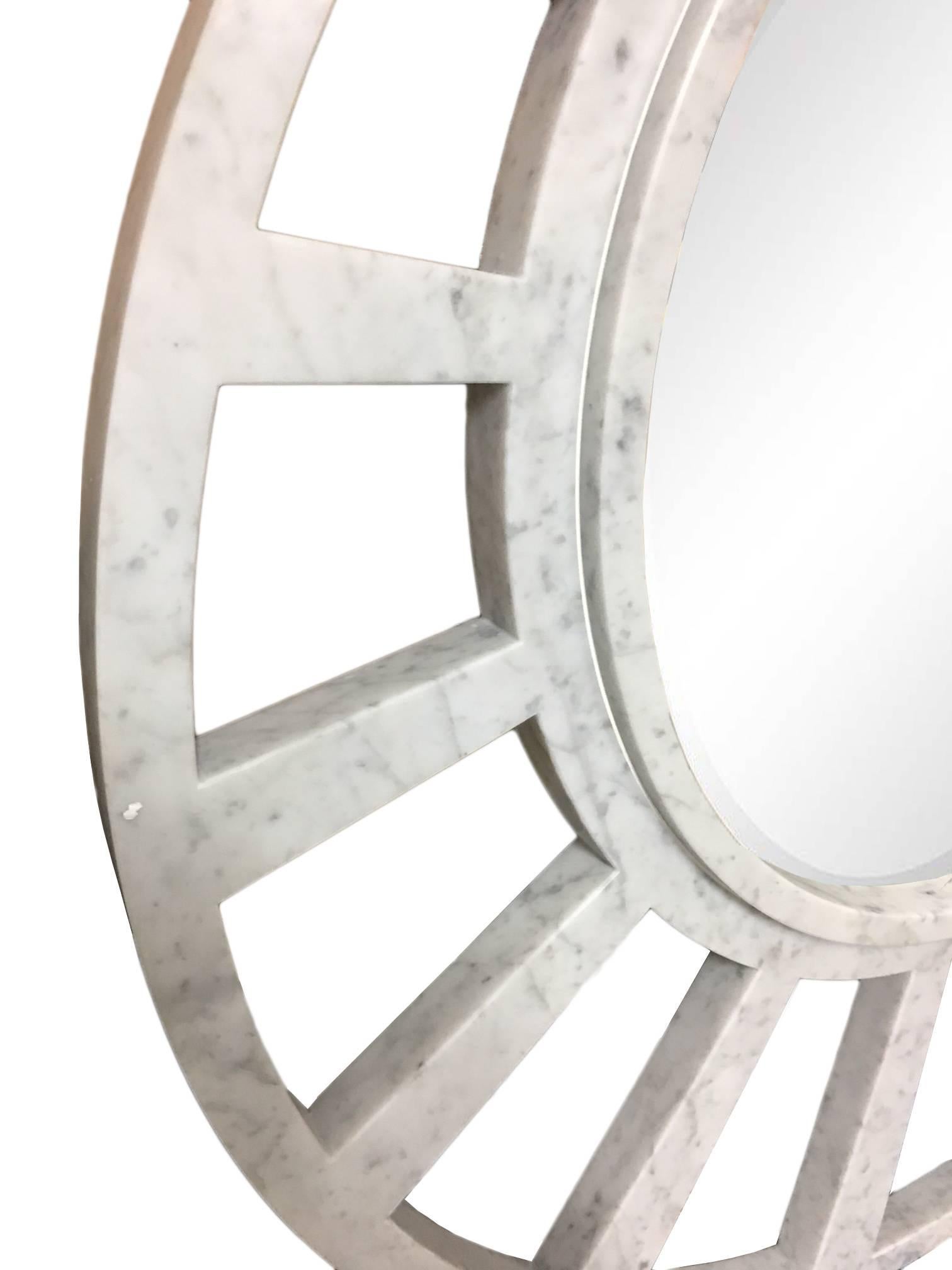 Hand-Crafted Italian White Carrara Marble Mirror, Modern Round Sunburst by Massimo Mangiardi For Sale