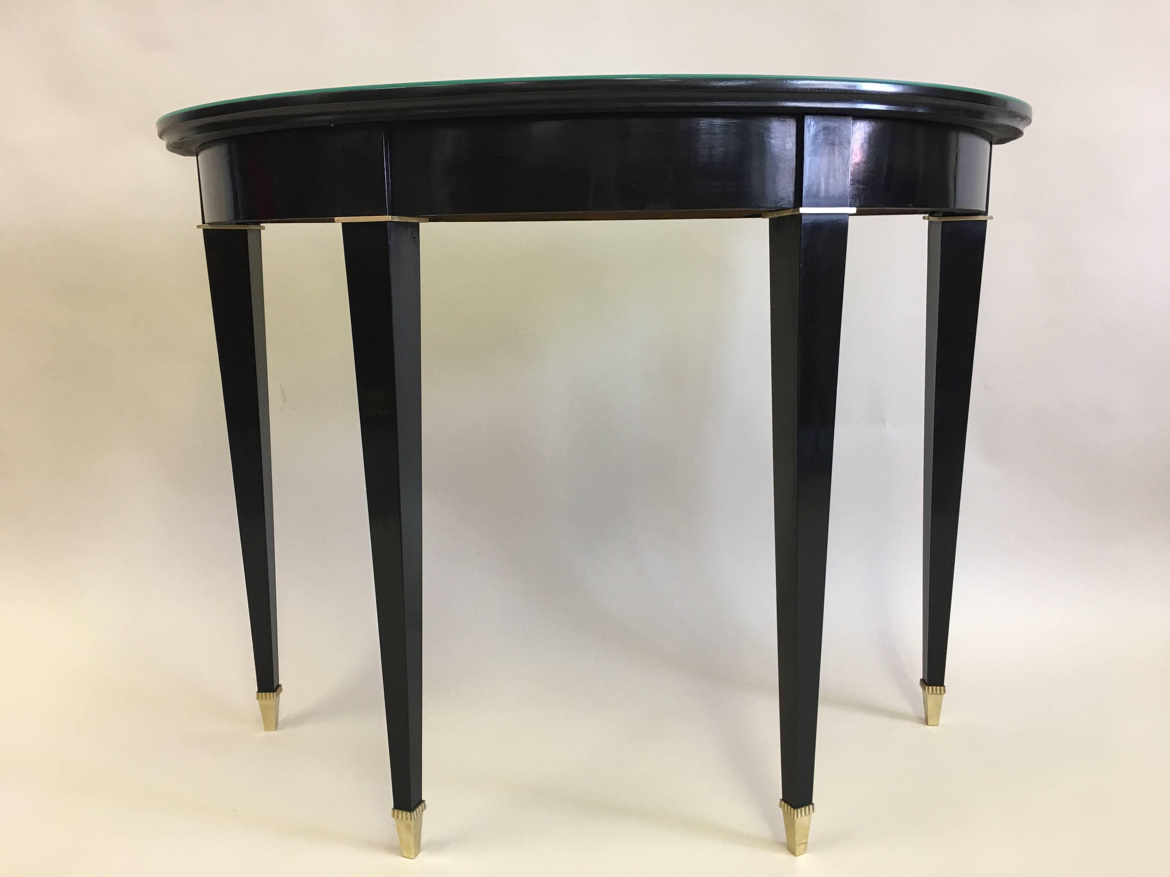 Lacquered French Modern Neoclassical Black Lacquer Demilune Console Attr. to Andre Arbus For Sale