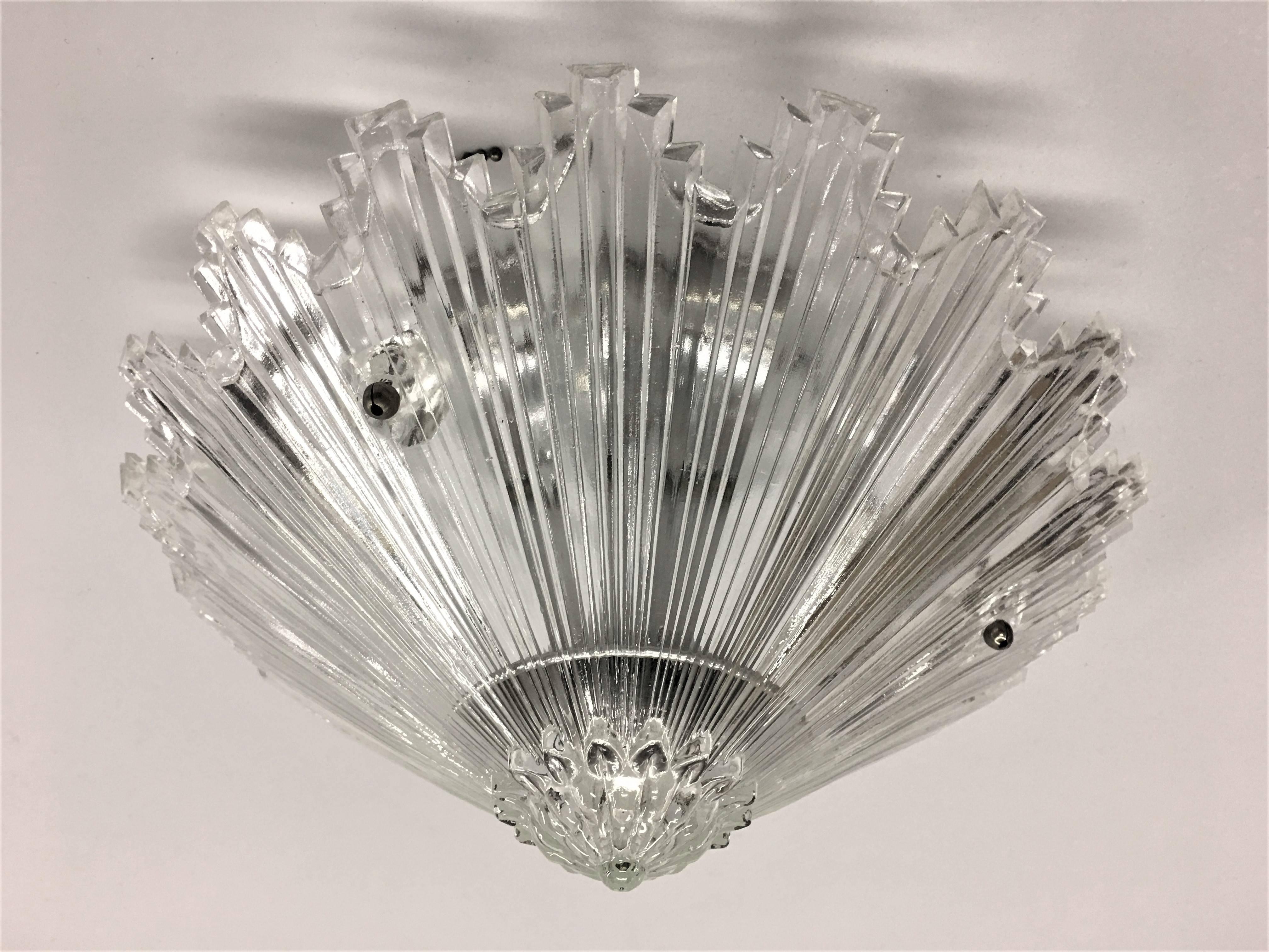 Hand-Crafted Pair of French Cut Crystal Starburst Pendants Attributed to Baccarat