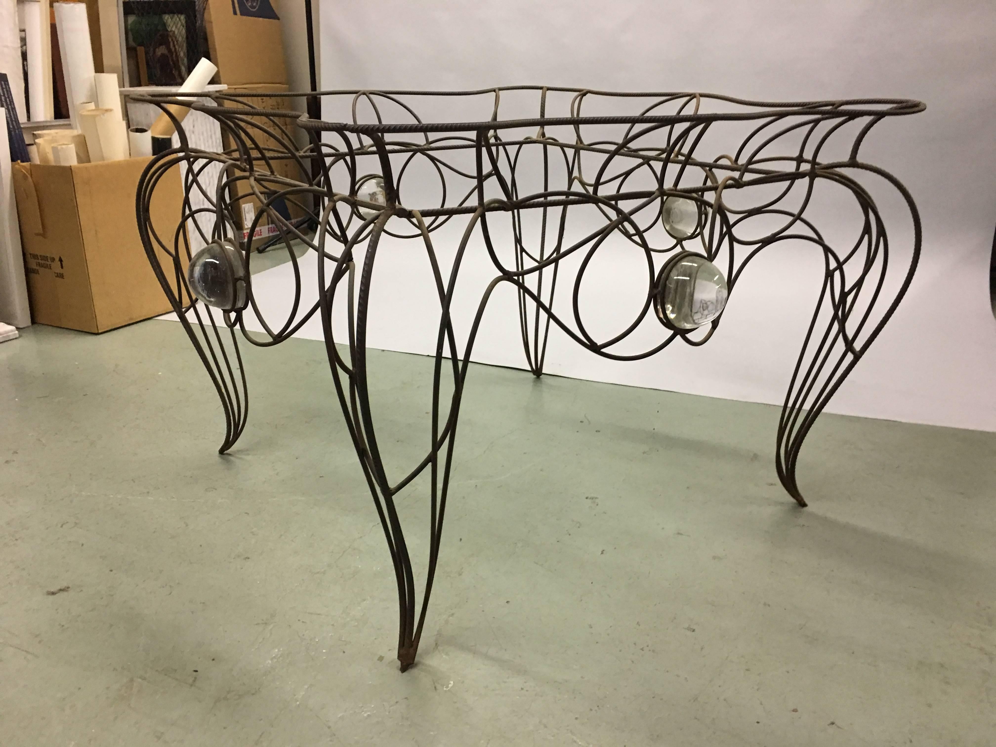 Hand-Crafted Unique Centre Table / Console in Wrought Iron and Glass by Andre Dubreuil, 1986 For Sale