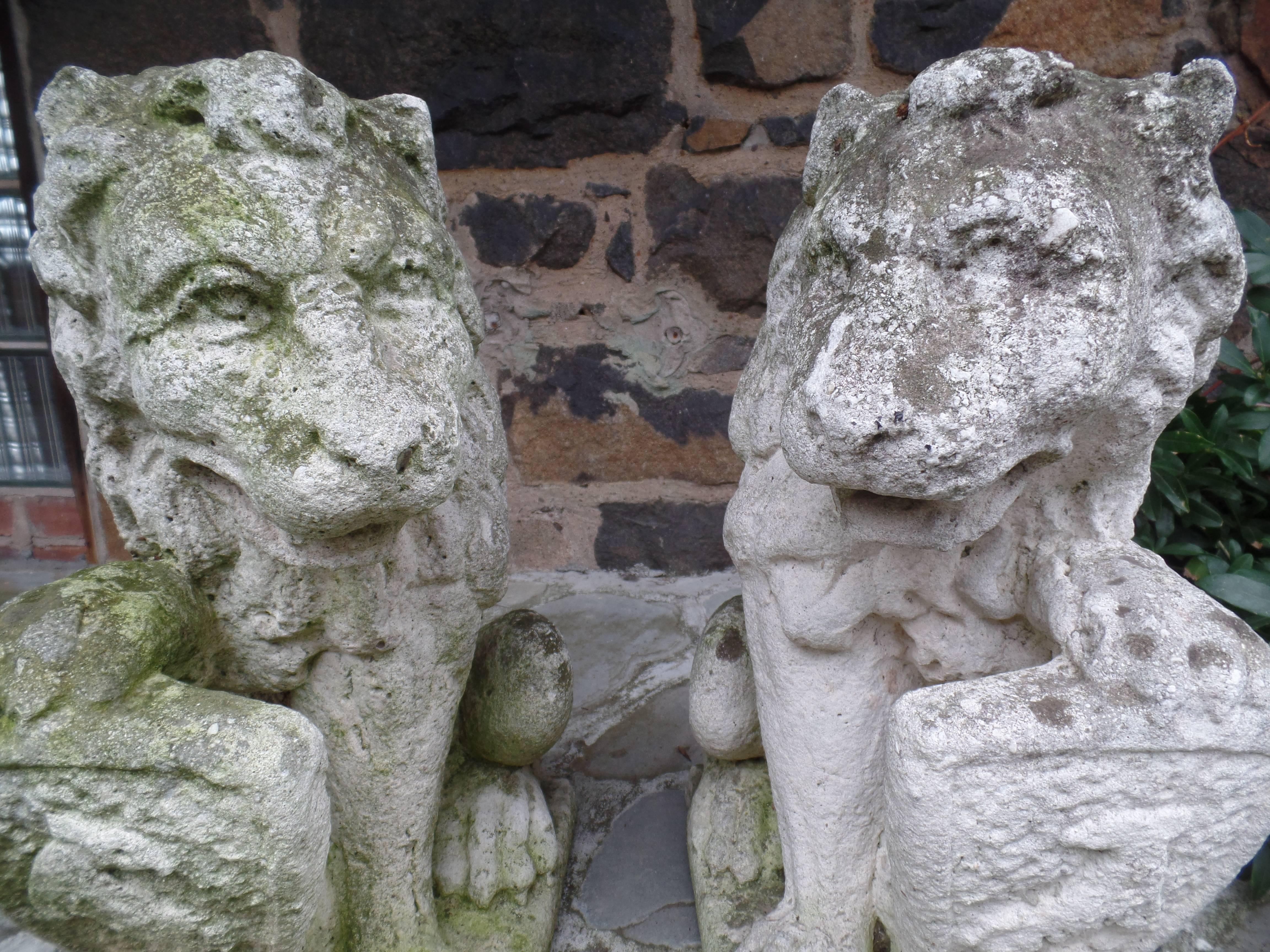 Pair of French 19th Century Hand-Carved Stone Sculptures of Lions 2