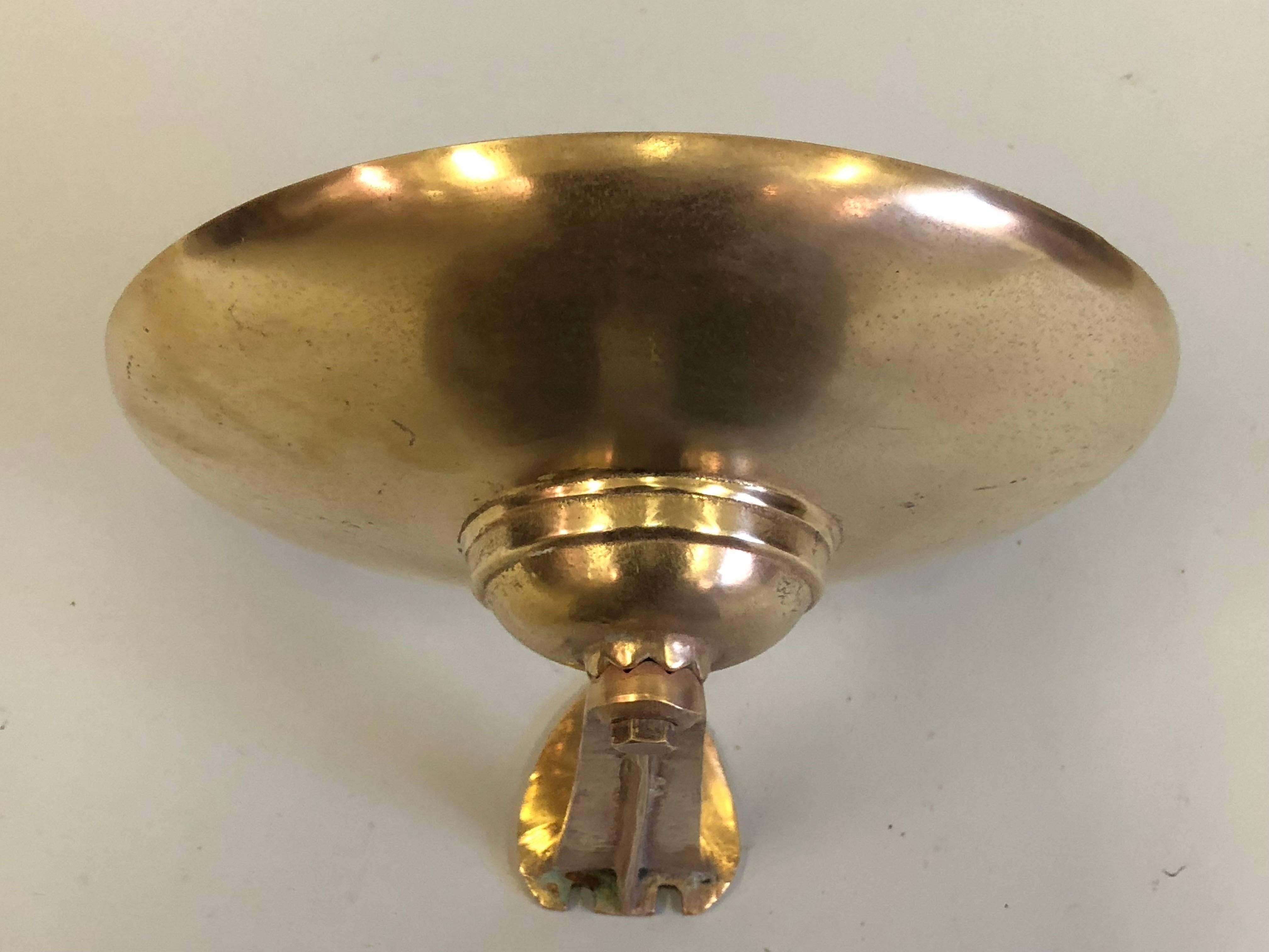 3 Large Elegant Italian Mid-Century Modern Solid Polished Gilt Bronze Wall Sconces. 

Each piece is cantilevered out from the wall and has a tapered stem supporting a round disc. There is refined detailing in all parts including wall mount and