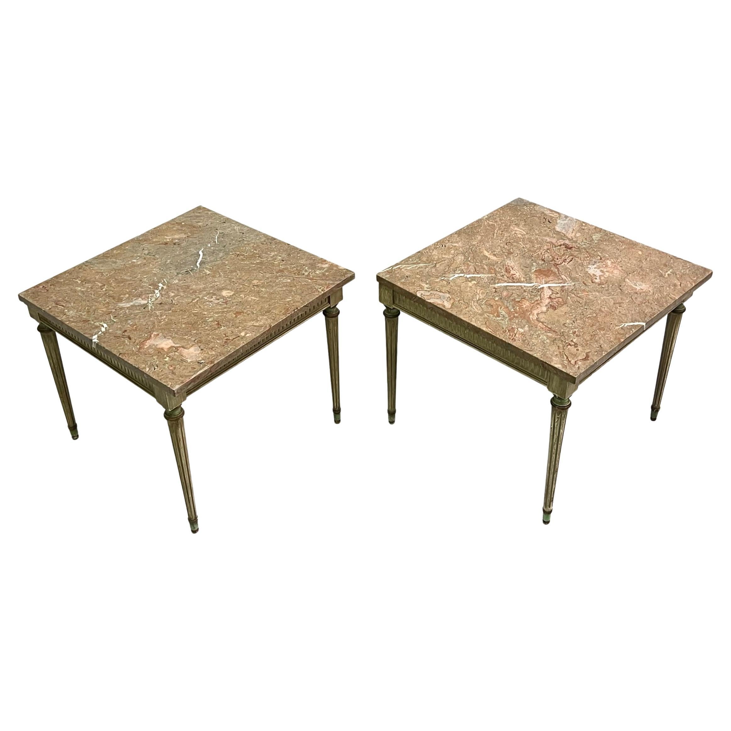 Pair French Modern Neoclassical Painted Wood & Marble Side Tables, Maison Jansen For Sale