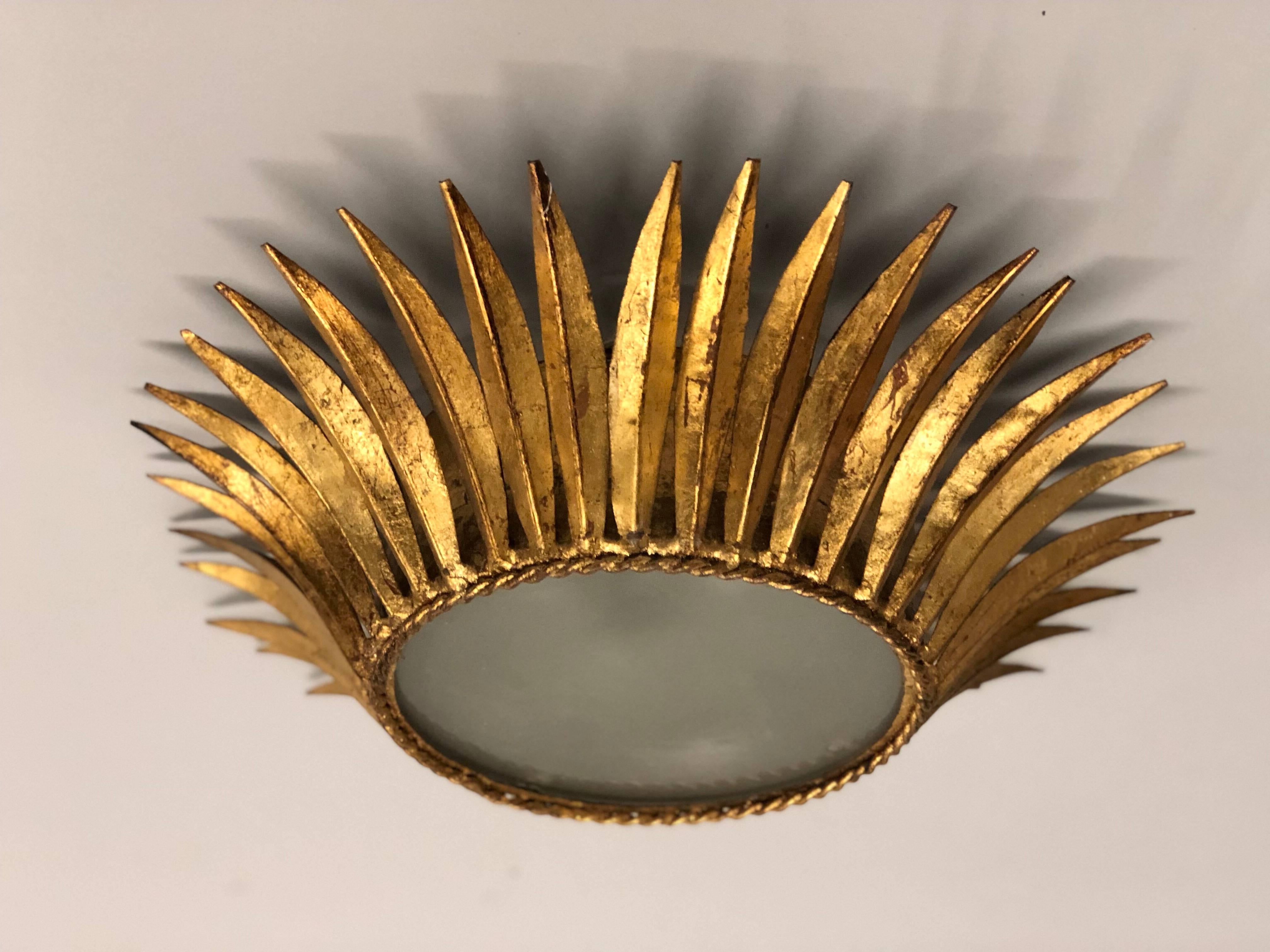 Pair of French Modern Neoclassical Gilt Iron Sunburst Flush Mount / Pendant In Good Condition In New York, NY