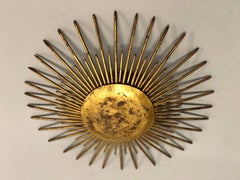 French Mid-Century Modern Neoclassical Gilt Iron Sunburst Flush Mount or Pendant