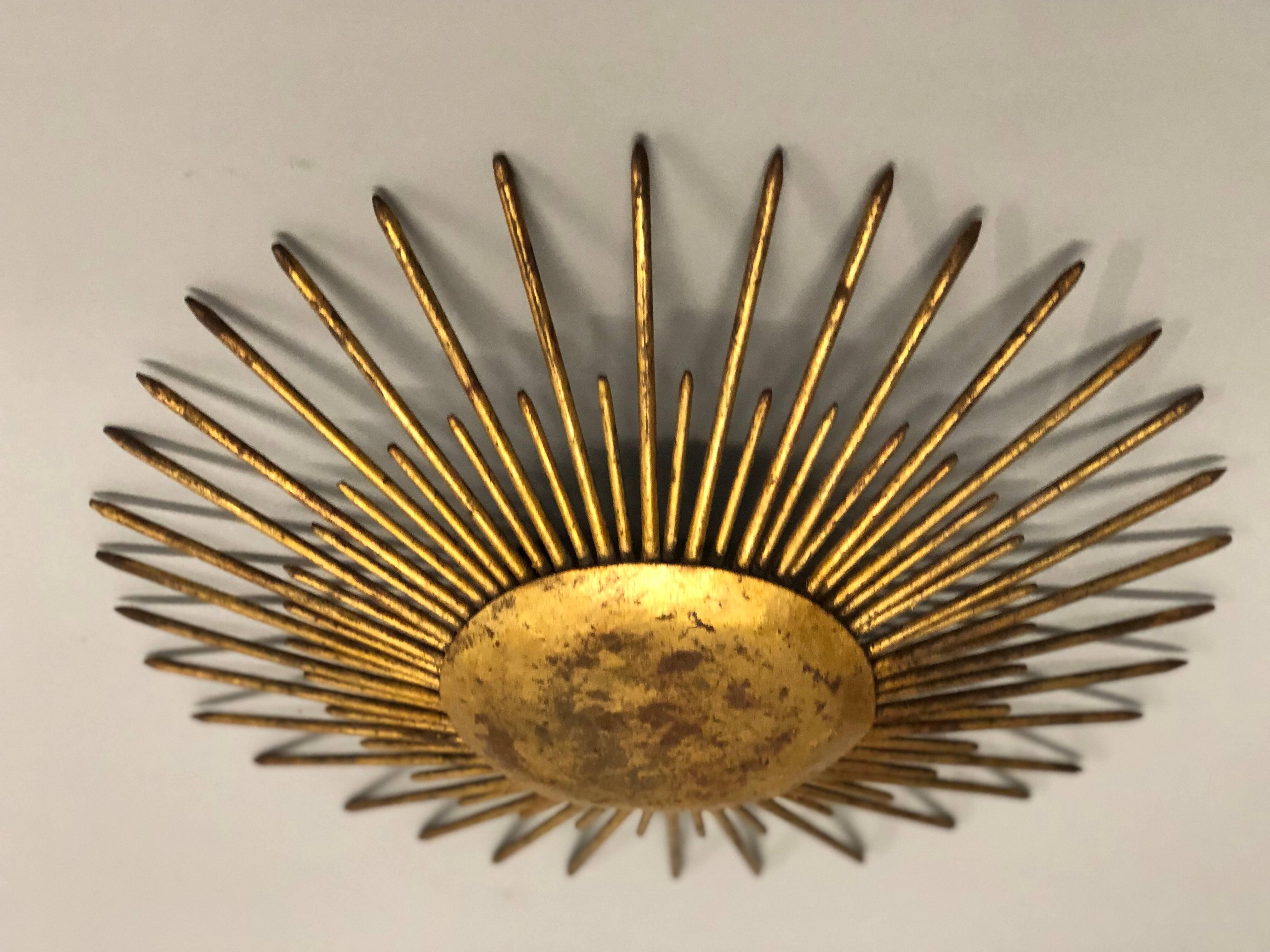 20th Century French Mid-Century Modern Neoclassical Gilt Iron Sunburst Flush Mount or Pendant For Sale